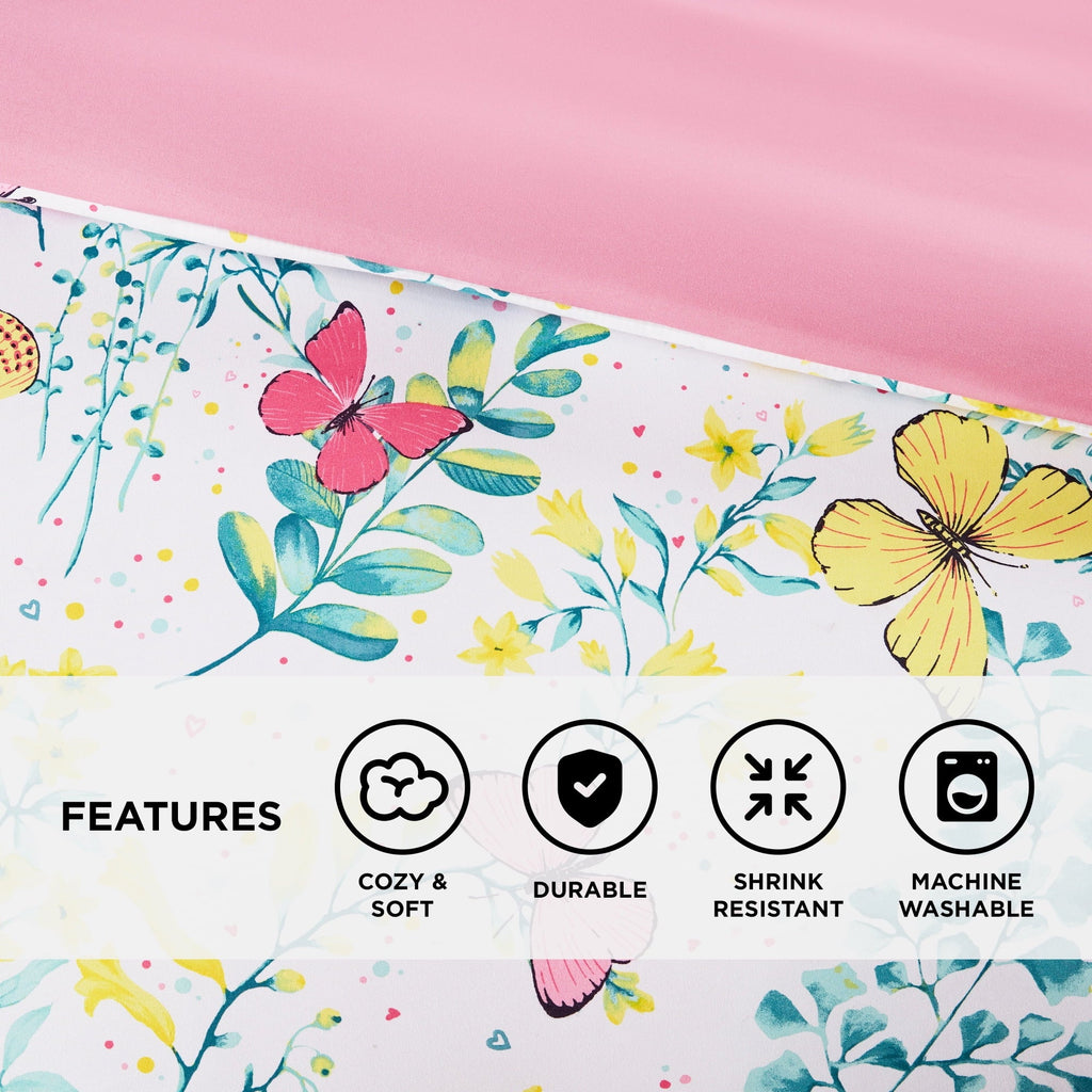 Heavyweight Warmth Full/Queen Size Comforter Sets, 4-Piece Kids Bedding Set for Girls, Butterfly Floral Comforter Bed Set, White/Pink - Hypoallergenic Ultra-Fluffy Quilt for Winter Detail