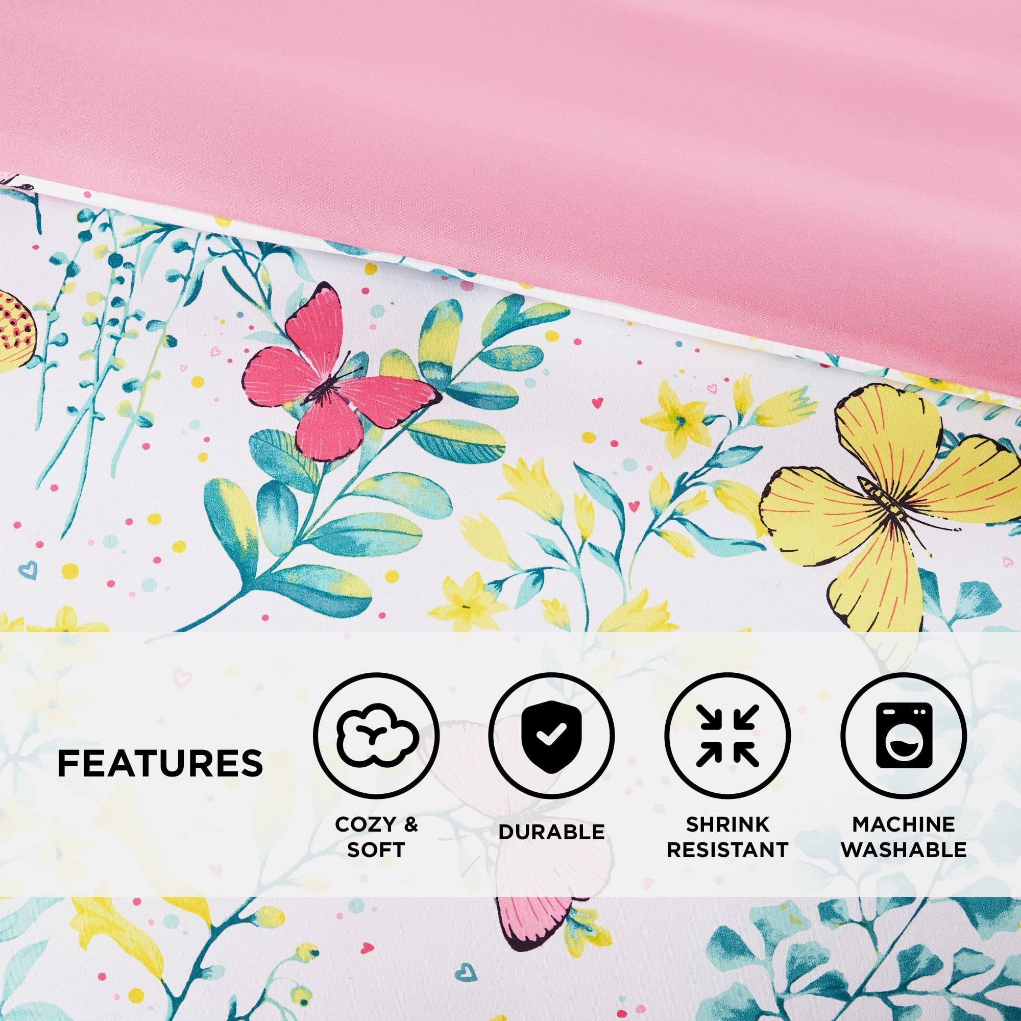 Heavyweight Warmth Full/Queen Size Comforter Sets, 4-Piece Kids Bedding Set for Girls, Butterfly Floral Comforter Bed Set, White/Pink - Hypoallergenic Ultra-Fluffy Quilt for Winter Detail