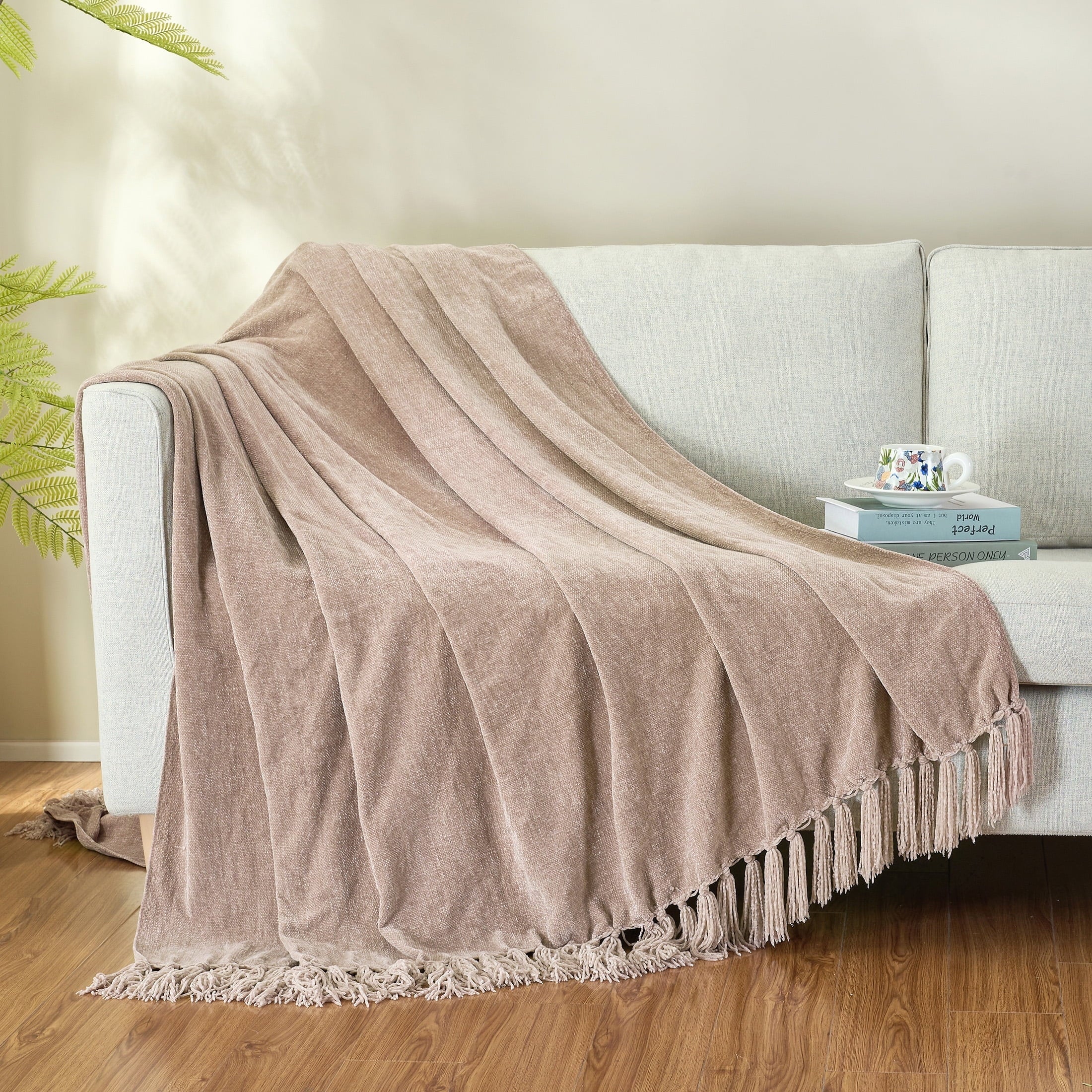 Reversible Sherpa Chenille Throw Blanket with Fringe Tassel for Couch Sofa Chair Bed, Taupe 50" X 60" - Cozy Fleece Throw Blanket for Couch & Bed Detail
