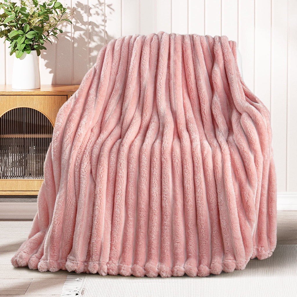 Decorative Knitted Fleece Throw Blanket for Couch, Super Soft 3D Striped Jacquard Blanket, Lightweight Fuzzy Cozy Blankets, Pink, 50"x60" - Super Soft Reversible Sherpa Flannel Blanket Detail