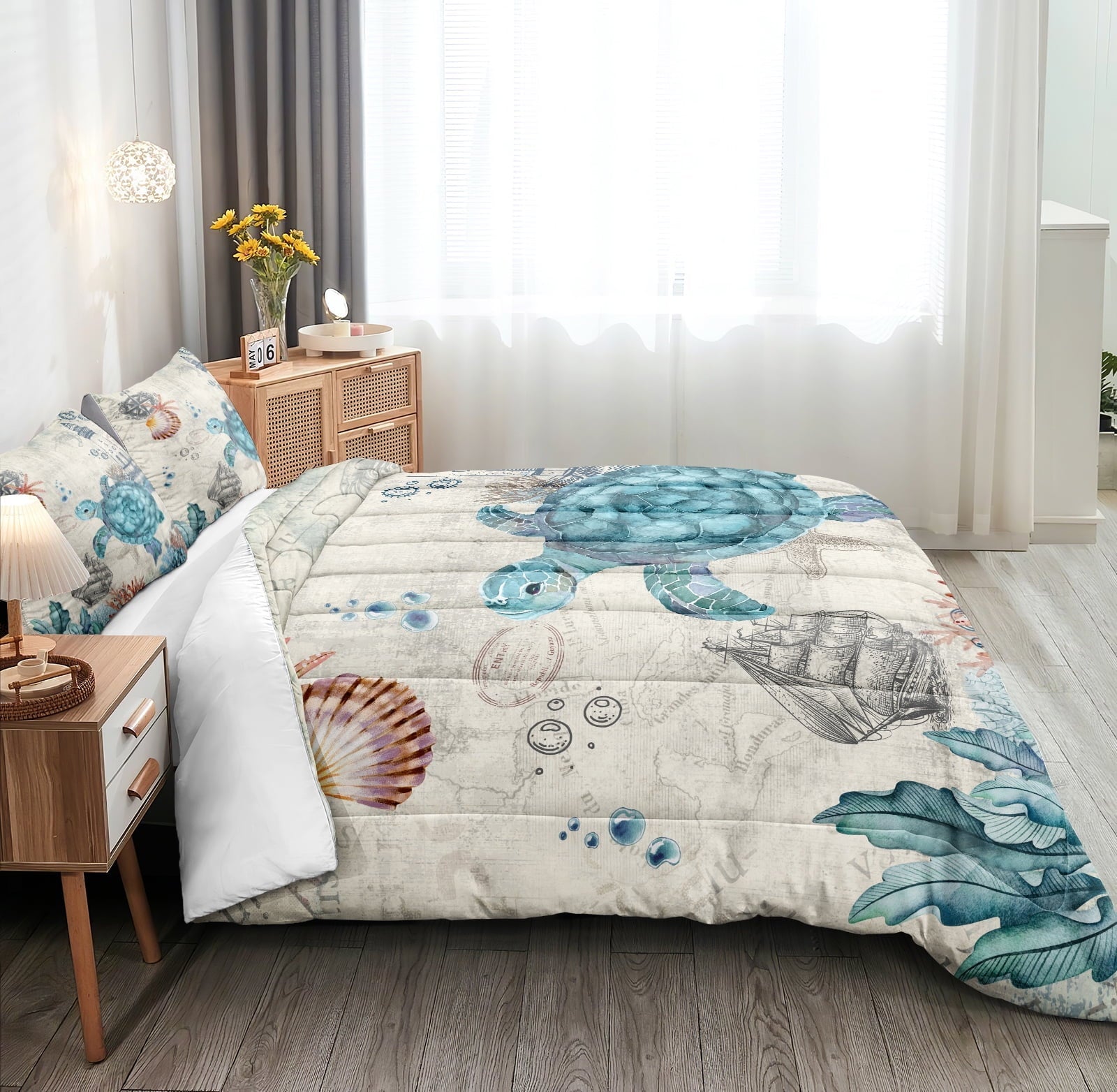Luxurious Quilted Sea Turtle Comforter Set Queen Ocean Beach Bedding Set Soft and Lightweight Retro Style Design Coastal Bedding Set - Hypoallergenic Ultra-Fluffy Quilt for Winter Detail