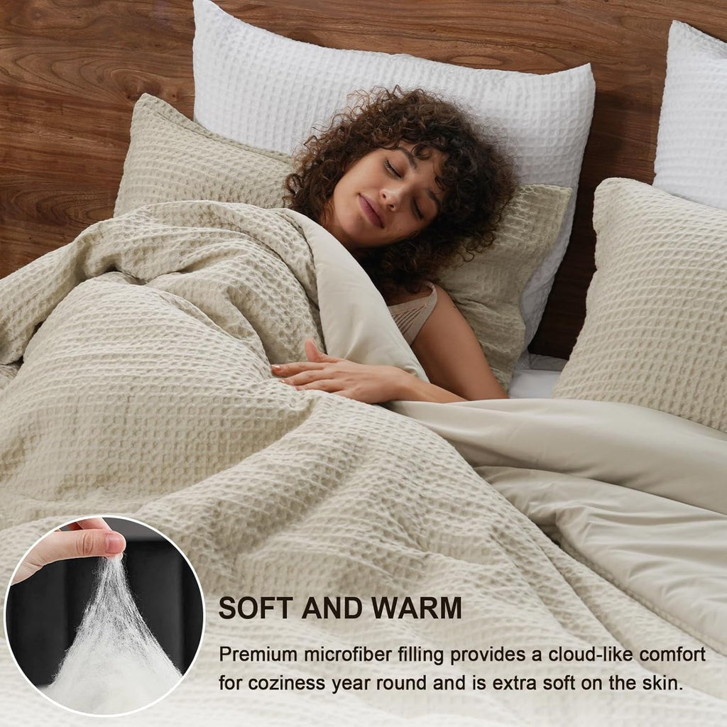 Heavyweight Warmth 3-Piece Waffle Weave Comforter Set Queen Size, Lightweight Comfy Bedding Set for All Season, Ultra Soft Textured 1 Co... - Cloud-Like Soft Lightweight Bed Comforter Detail