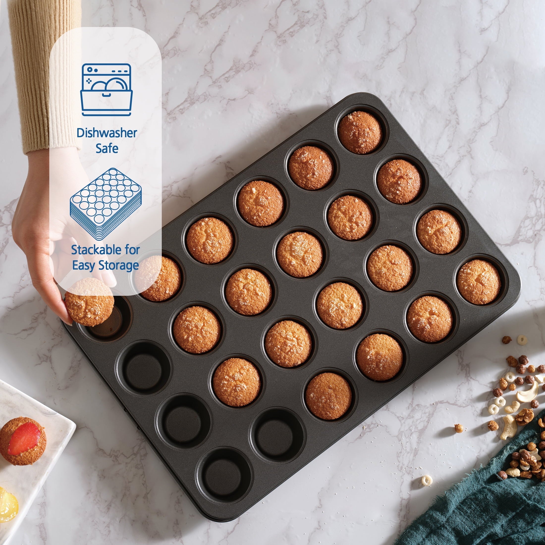Premium Kitchen 24 Cavity Mini Muffin Pan, Non-Stick Bakeware,1.8 inch Diameter Cups,Gray,Carbon Steel - Premium Stainless Steel Garlic Presser & Peeler Detail