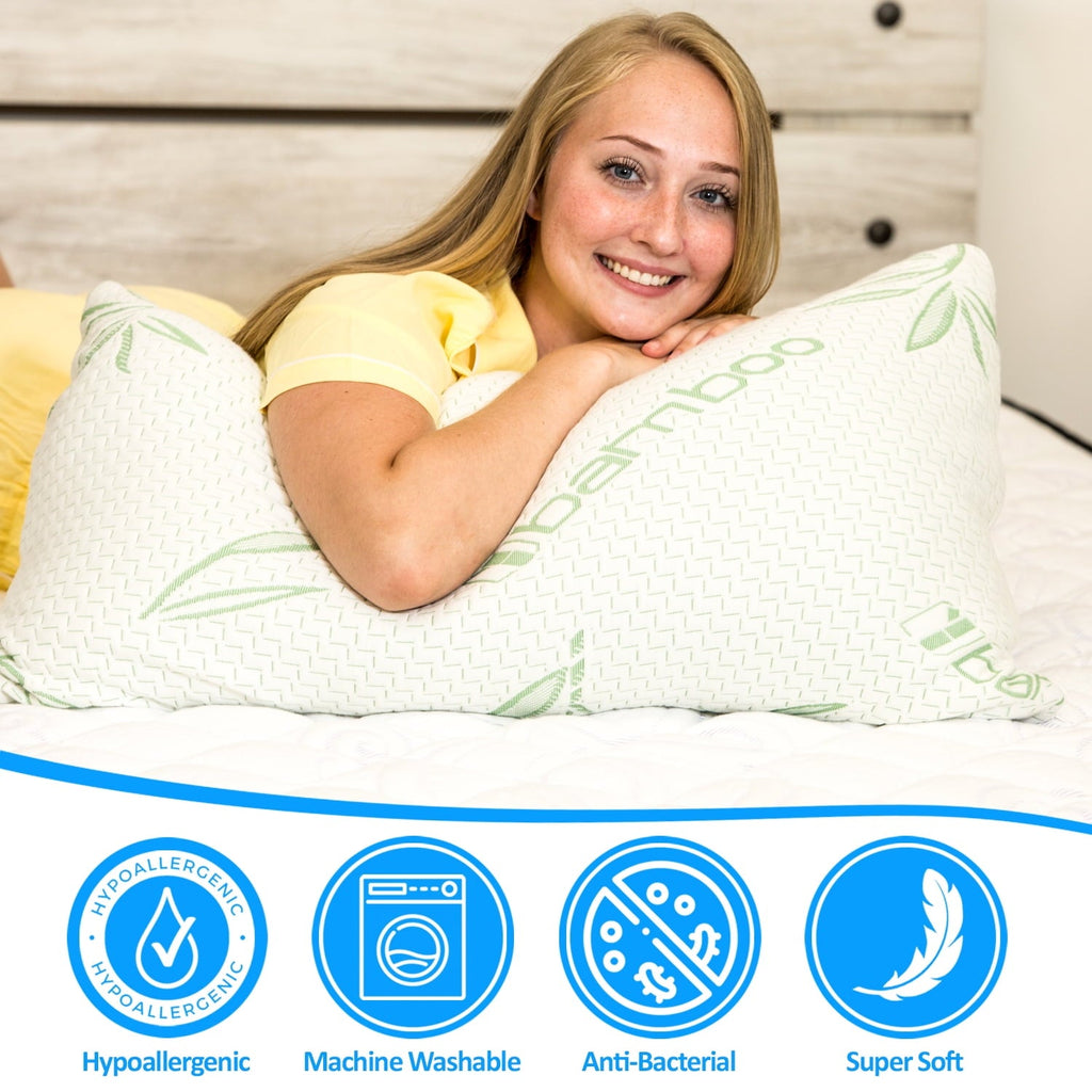 Hotel Collection Queen Size Bamboo Pillow, Memory Foam Bed Pillows with Washable Pillowcases, Queen - Hotel Quality Plush Sleeping Pillows Detail