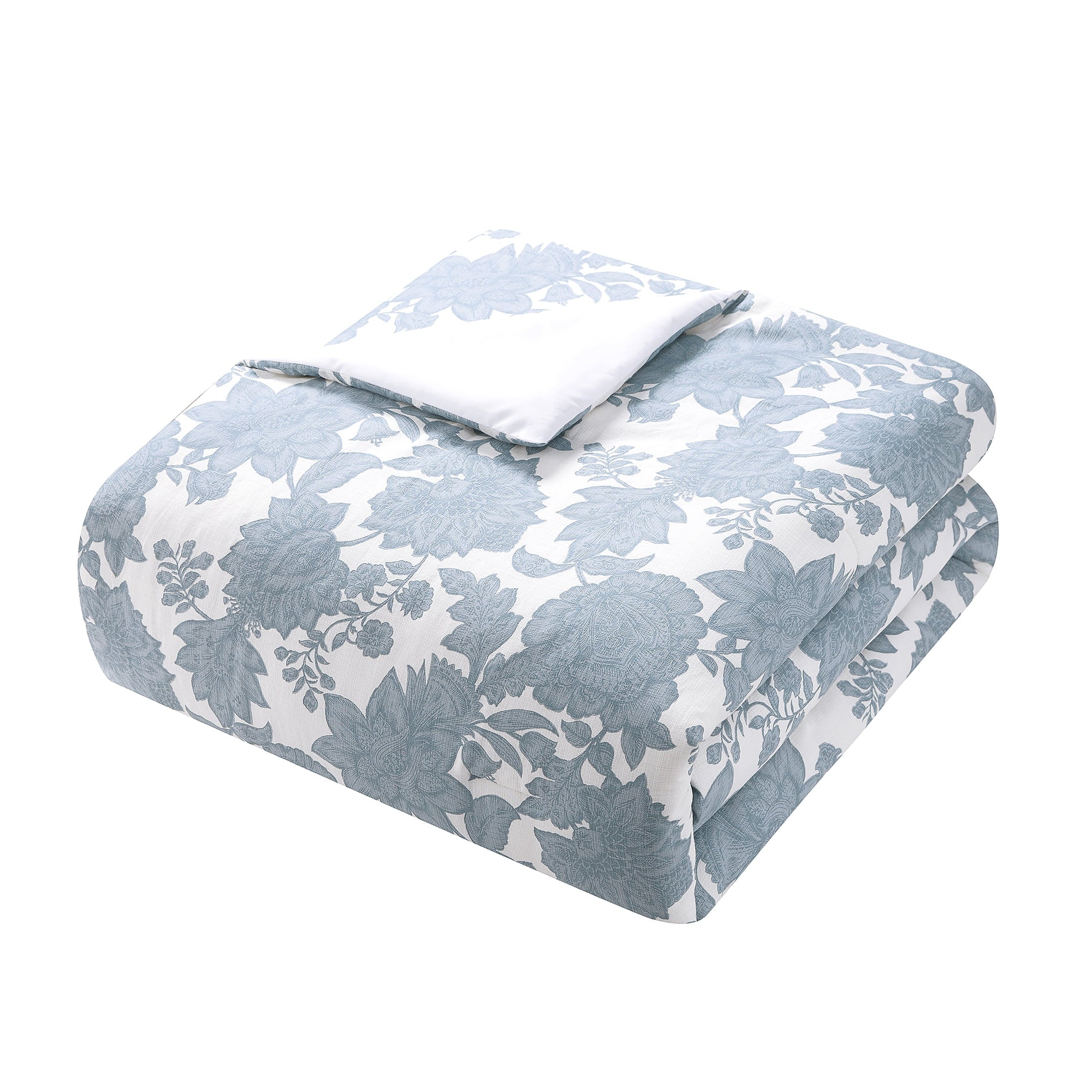 Heavyweight Warmth Veronica 3-Piece Blue Floral Cotton Slub Comforter Set, King - All-Season Down Alternative Comforter Insert Detail