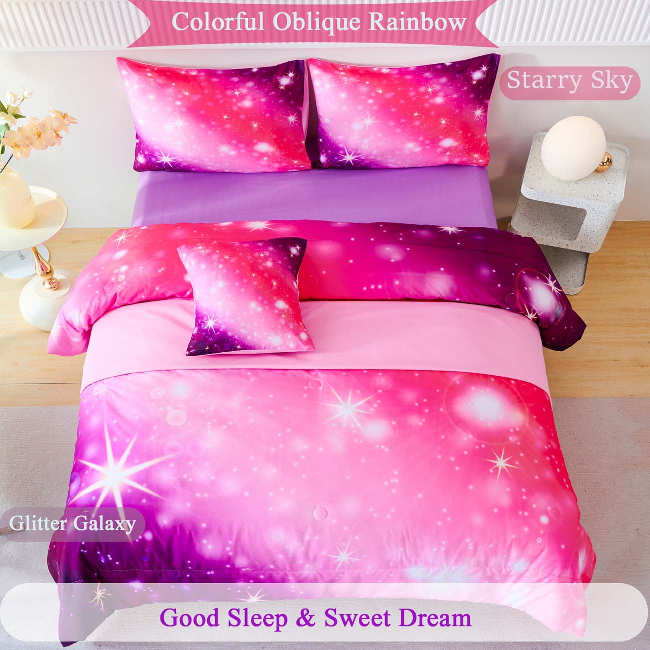 Luxurious Quilted 4Pcs Rainbow Twin Size Comforter Set for Girls, Pink Purple Gradient Glitter Kids Bedding Sets, Soft Galaxy Girls Bed... - Cloud-Like Soft Lightweight Bed Comforter Detail