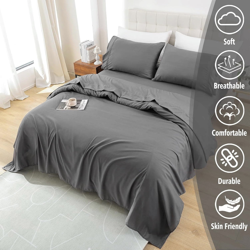 Cooling Sateen 4 Piece Bed Sheet Set, Queen Size Upgraded Cooling Deep Pocket Comfy Breathable Hotel Luxury Bedding, Extra Soft Wrin... - Cooling Hotel Quality Bedding Sheets and Pillowcases Detail