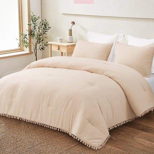 All-Season Boho Pom Pom Ball Fringe King Size Comforter Set, 3 Pieces Beige Lightweight Down Alternative Bedding Comforter Sets ... - Luxurious Quilted Duvet Cover Set Detail
