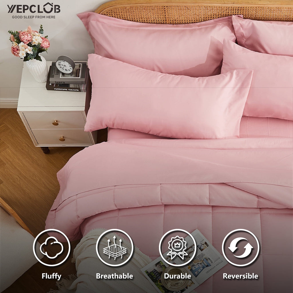 Heavyweight Warmth 7-Piece Queen Size Comforter Set,Pink Reversible Bed in a Bag,All Season Solid Bedding Set with Sheets,Pillowcases & ... - Hypoallergenic Ultra-Fluffy Quilt for Winter Detail