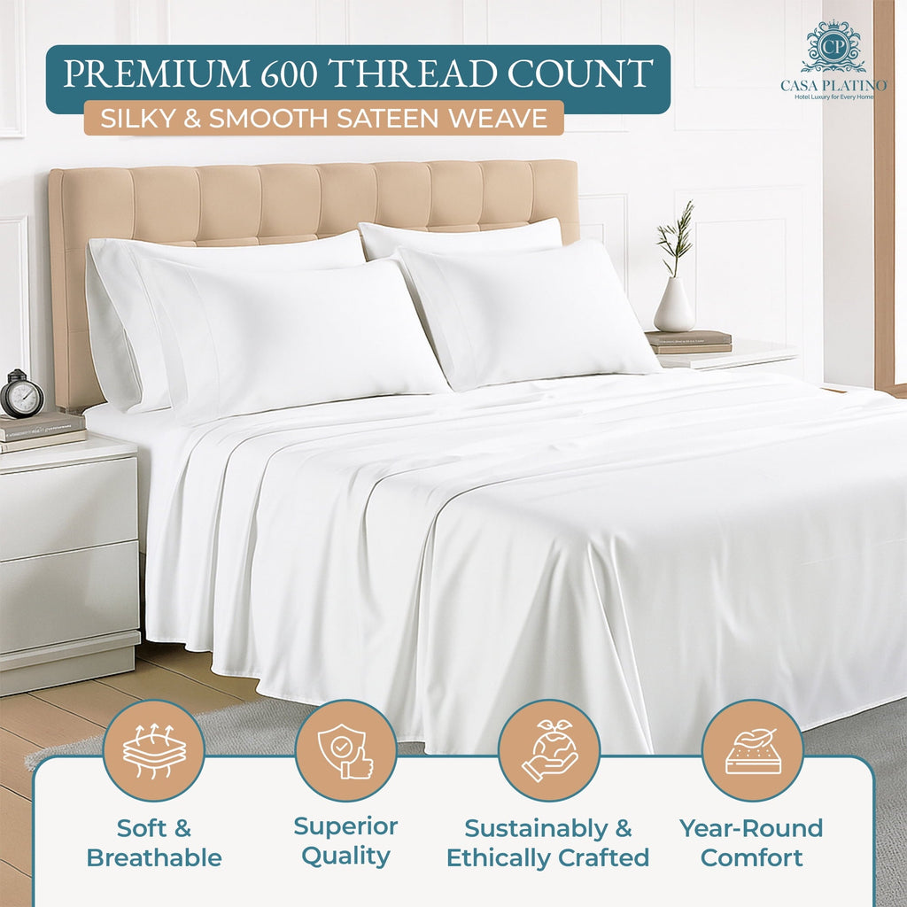 Ultra-Soft Bed Sheets Set – 6 Piece, 600 Thread Count, 100% Cotton Sheets, Hotel Luxury Sateen Finish, 15" Deep Pocket, Easy to ... - Breathable Egyptian Cotton Flat & Fitted Sheets Detail