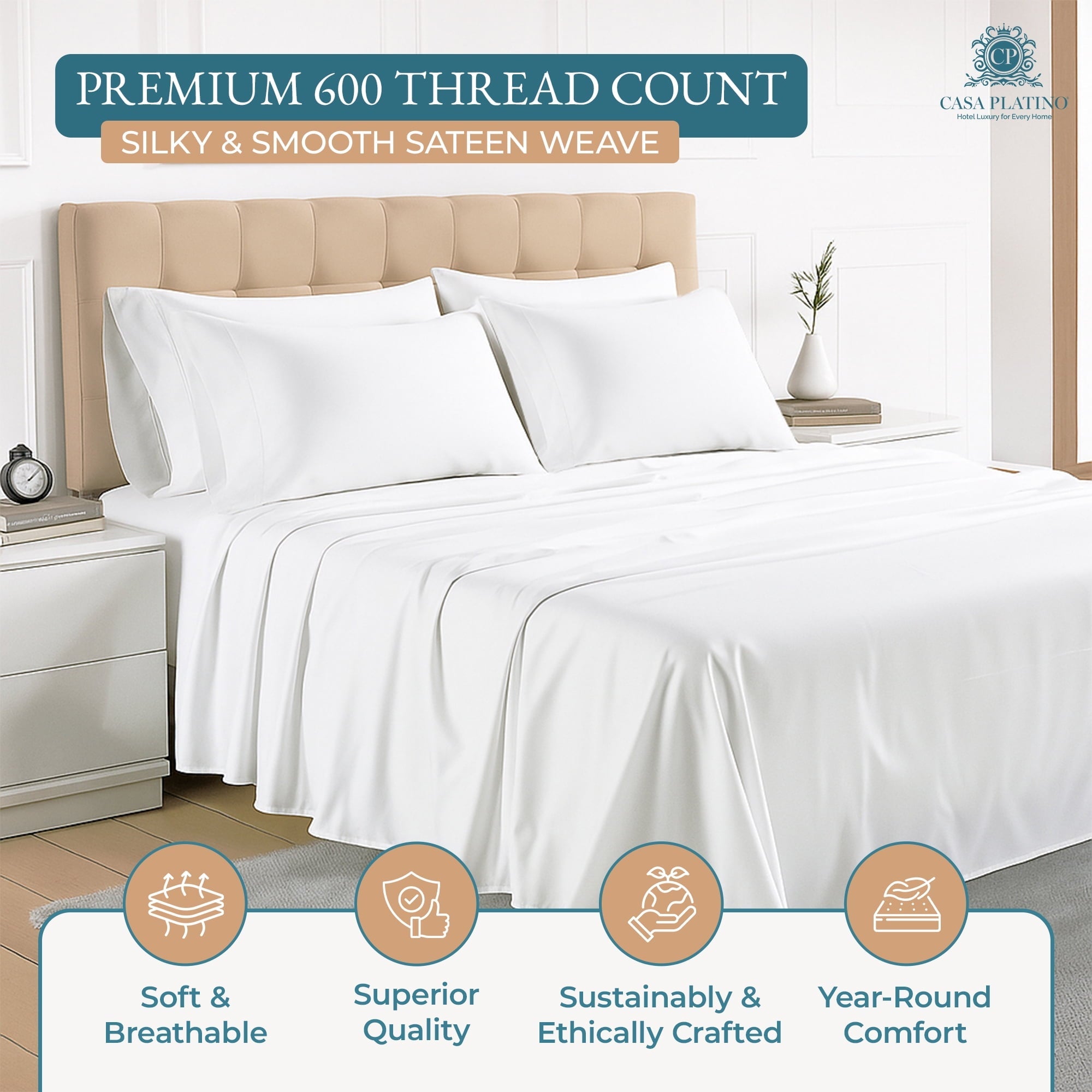 Ultra-Soft Bed Sheets Set – 6 Piece, 600 Thread Count, 100% Cotton Sheets, Hotel Luxury Sateen Finish, 15" Deep Pocket, Easy to ... - Breathable Egyptian Cotton Flat & Fitted Sheets Detail