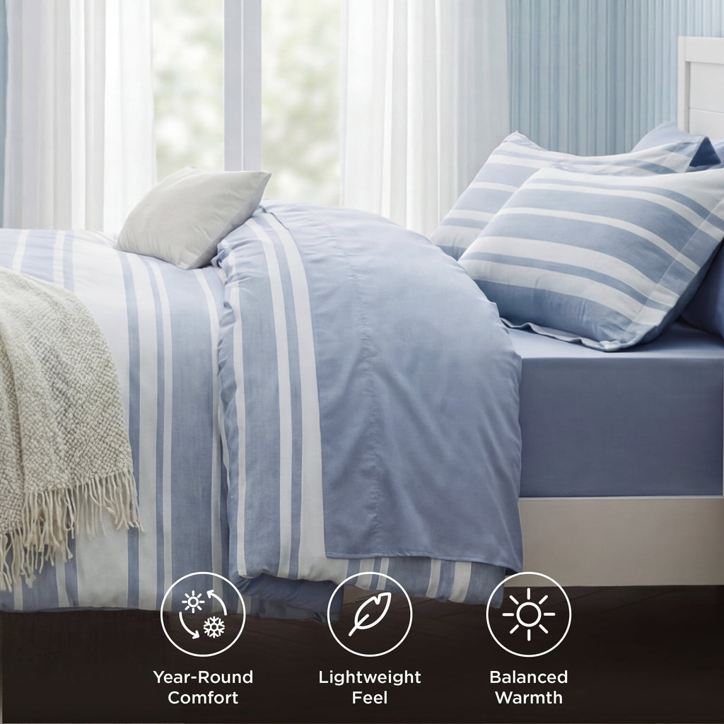 Heavyweight Warmth Queen Comforter Set Blue, Bed in a Bag Queen Size Bedding 7-Pieces, Striped Bedding Set for All Seasons - Luxurious Quilted Duvet Cover Set Detail