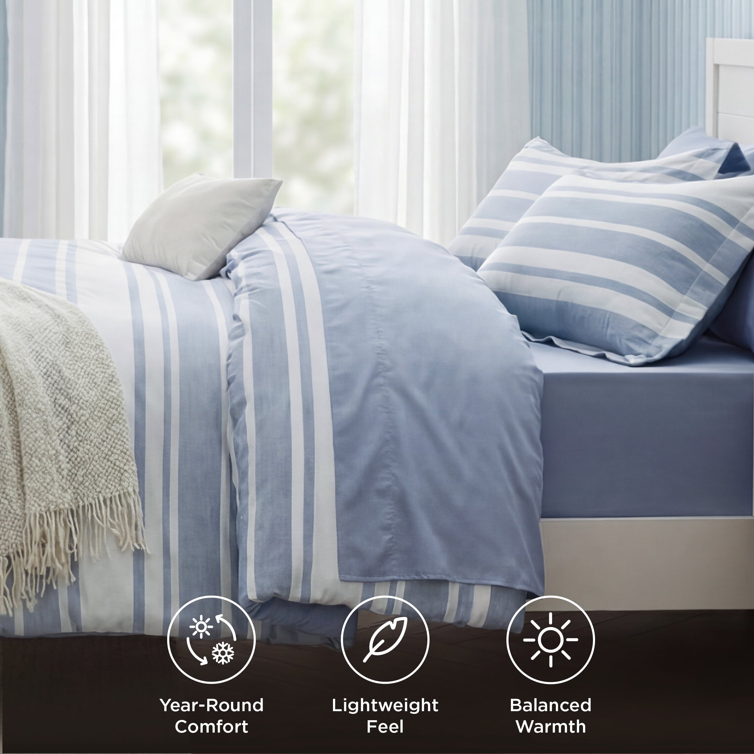 Heavyweight Warmth Queen Comforter Set Blue, Bed in a Bag Queen Size Bedding 7-Pieces, Striped Bedding Set for All Seasons - Luxurious Quilted Duvet Cover Set Detail