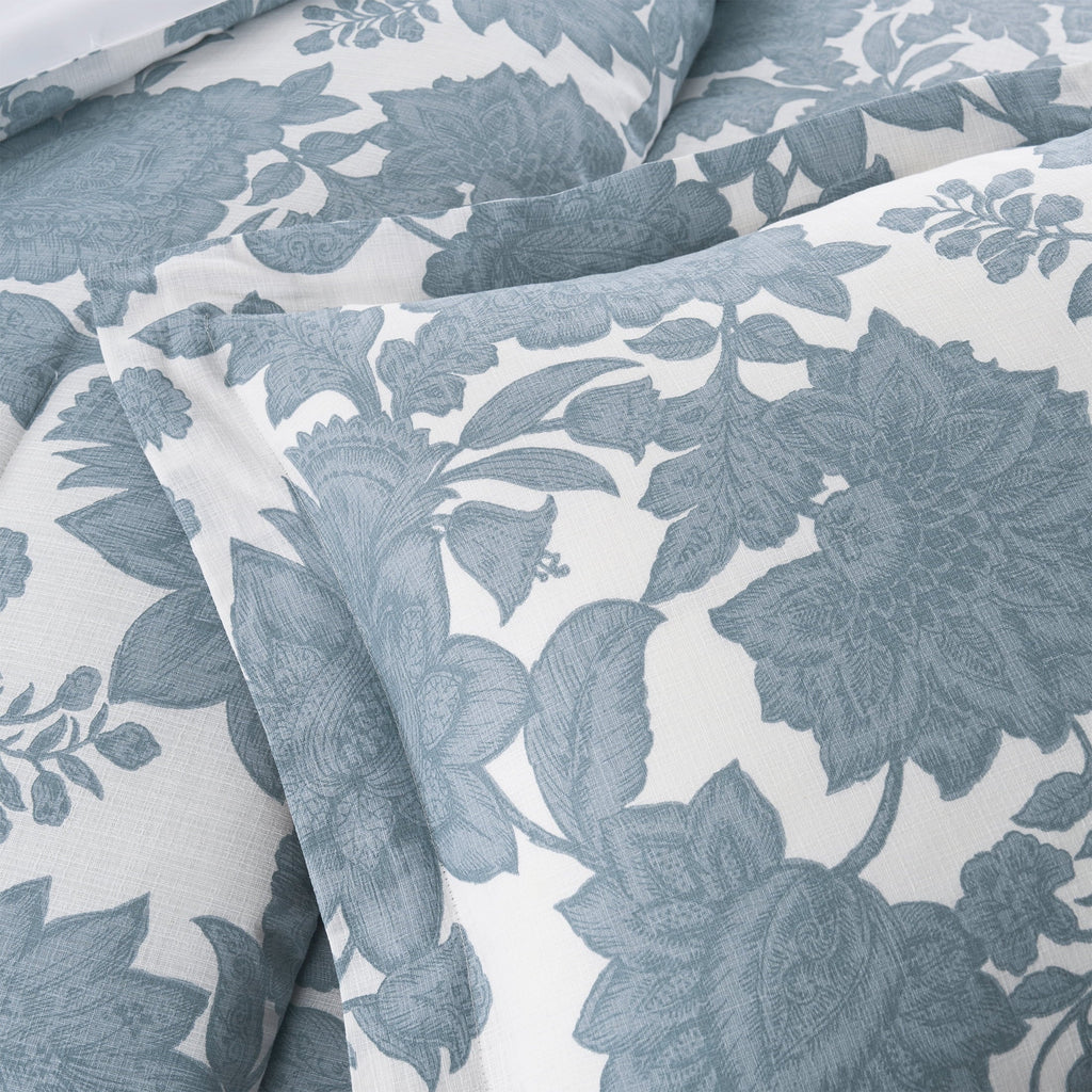 Heavyweight Warmth Veronica 3-Piece Blue Floral Cotton Slub Comforter Set, King - All-Season Down Alternative Comforter Insert Detail