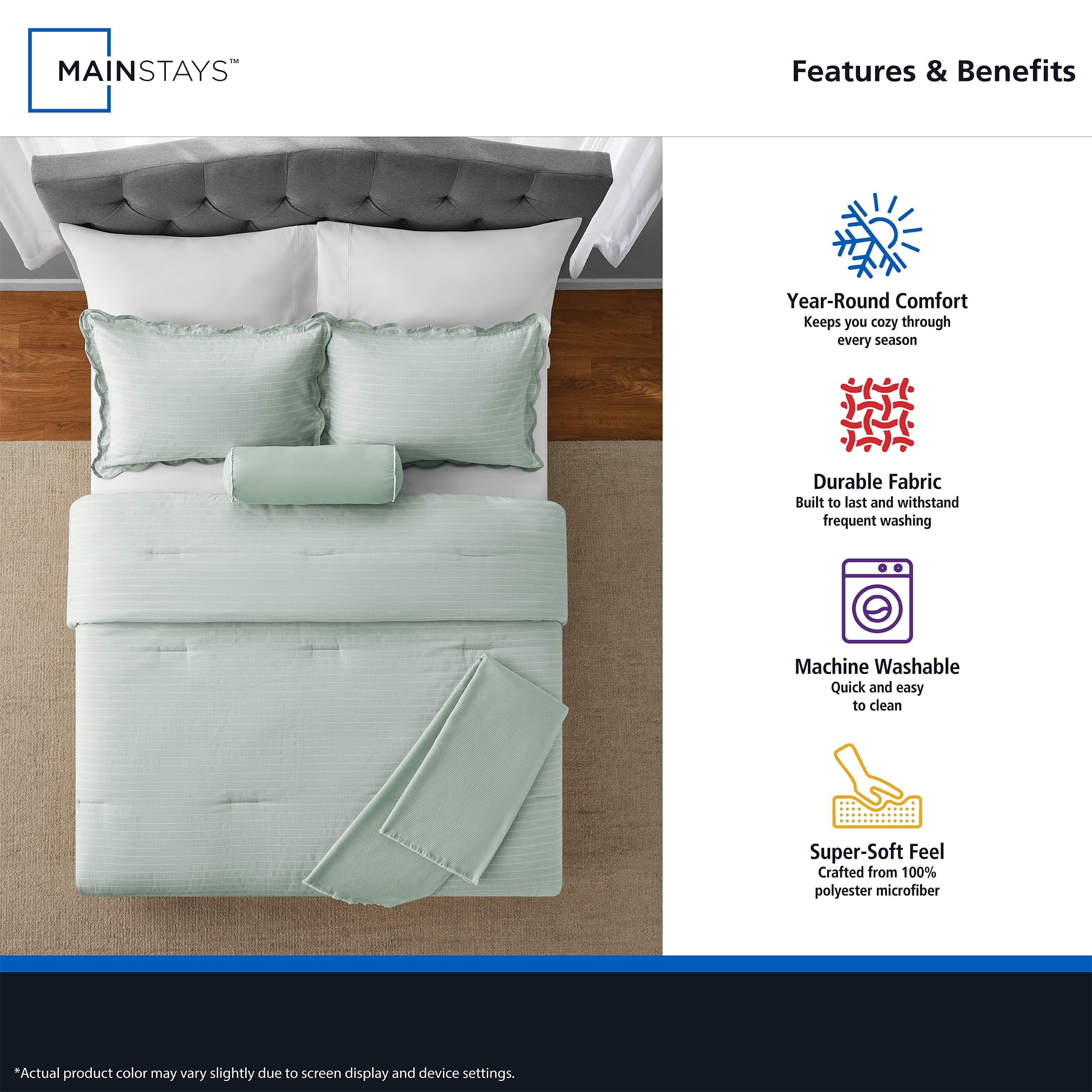 Hypoallergenic Cloud Full/Queen Comforter Set, All-Season, 5-Piece, Sage Pick Stitch Scallop - All-Season Down Alternative Comforter Insert Detail