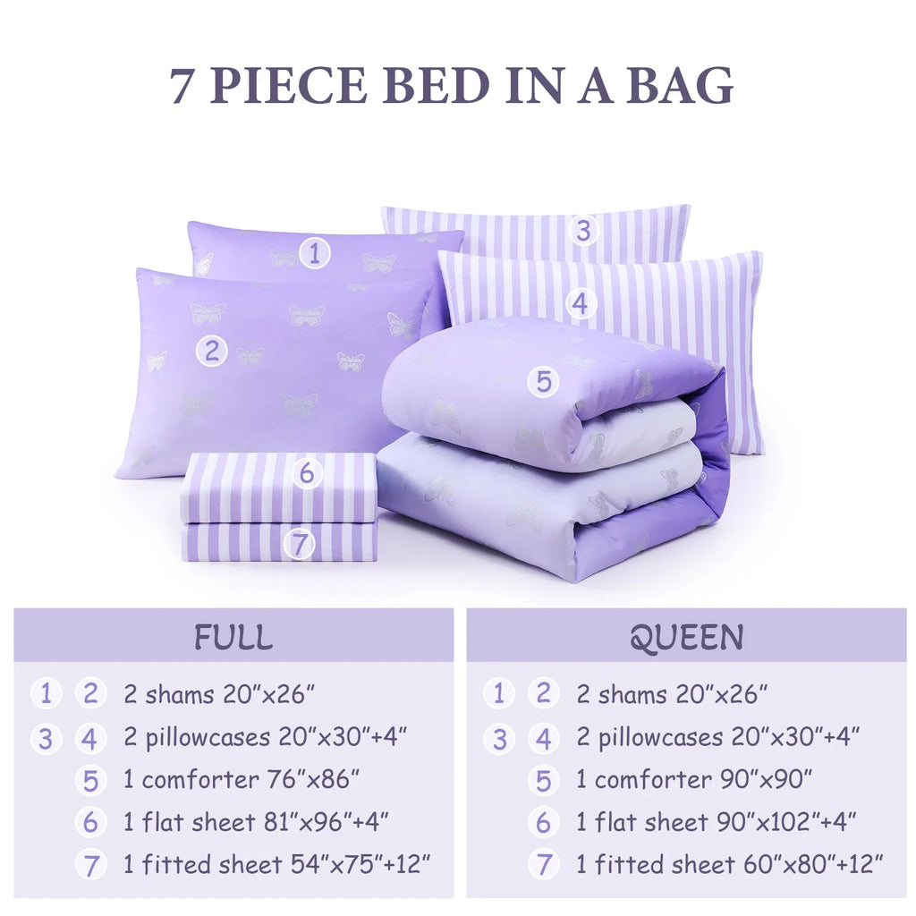 All-Season gold foil Design 7-piece Bed in a Bag Comforter Set with Sheets,Purple/Silver Butterflies,Full - Cloud-Like Soft Lightweight Bed Comforter Detail