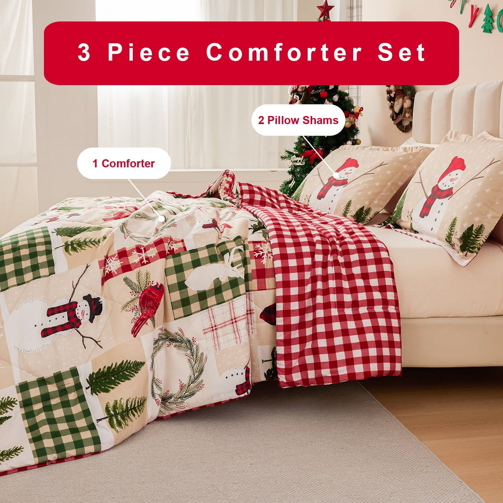 Heavyweight Warmth 3 Pcs Christmas Comforter Set, Bed in a Bag Wreath Snowman Queen/Full Size Xmas Bedding Set Fitted Pillowcases for Adult - Luxurious Quilted Duvet Cover Set Detail