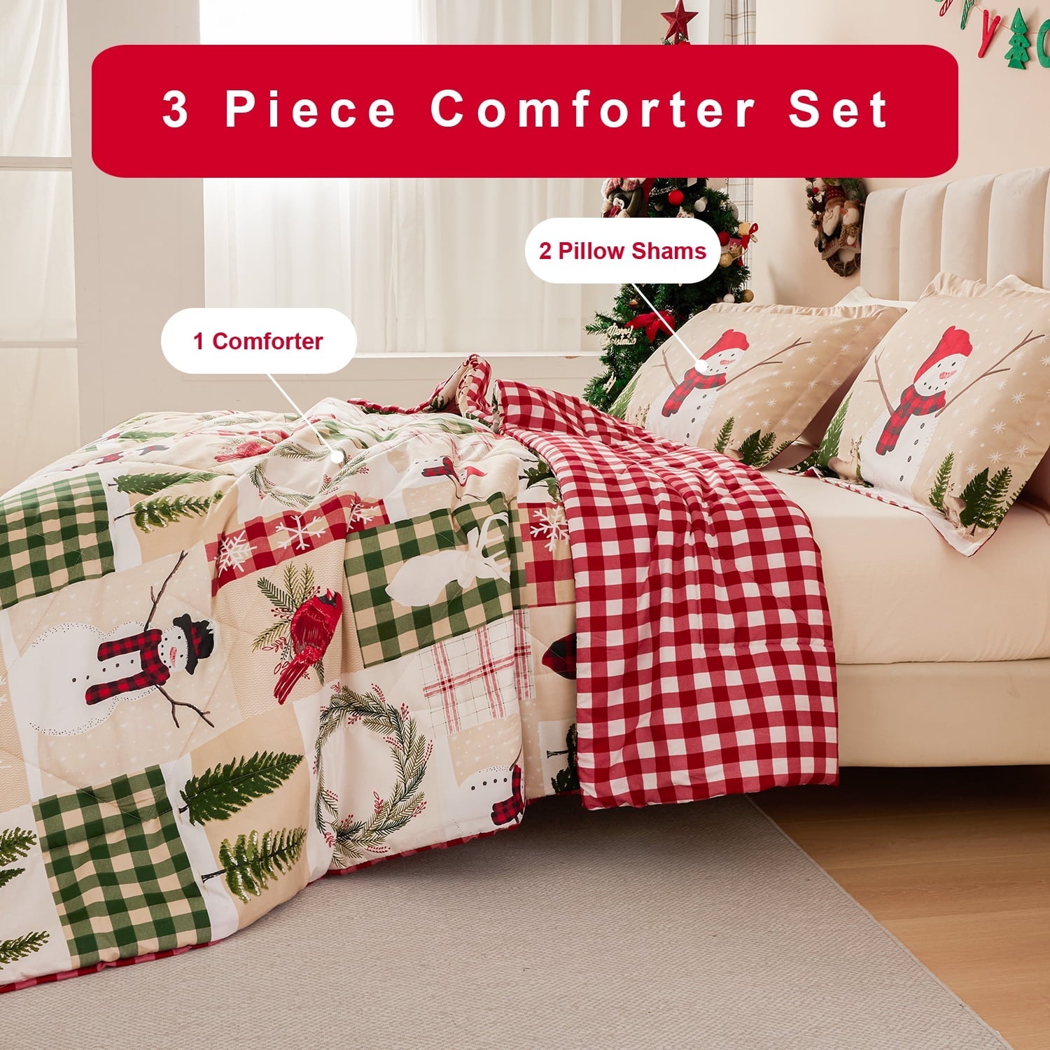 Heavyweight Warmth 3 Pcs Christmas Comforter Set, Bed in a Bag Wreath Snowman Queen/Full Size Xmas Bedding Set Fitted Pillowcases for Adult - Luxurious Quilted Duvet Cover Set Detail