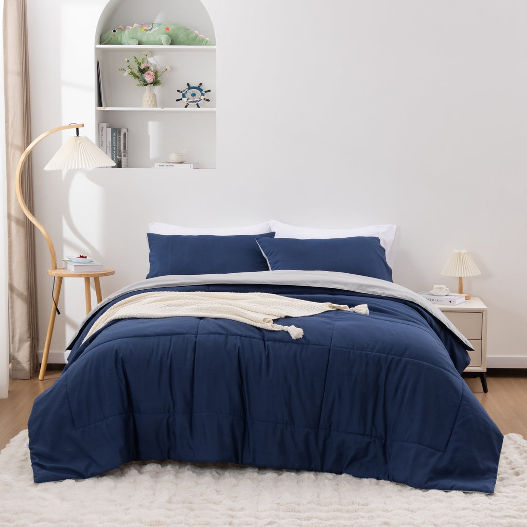 Fluffy Down Alternative Queen Comforter Set All Season Reversible Bed Set with 2 Pillow Cases 3 Pieces Bedding Sets Down Alternative Blue/Gra... - Hypoallergenic Ultra-Fluffy Quilt for Winter Detail