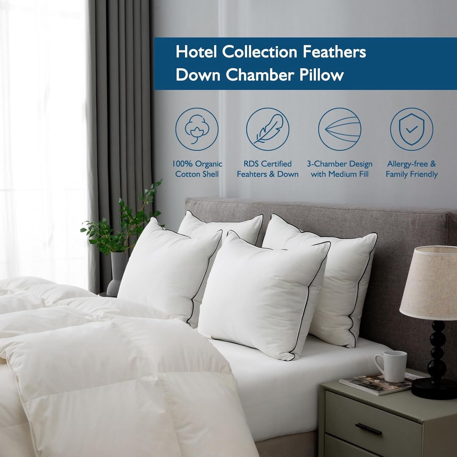 Hotel Collection Hypoallergenic 3‑Chamber Goose Feather Down Core Bed Pillows, Standard Size Set of 2, With Microfiber Surround, Soft-... - Hotel Quality Plush Sleeping Pillows Detail