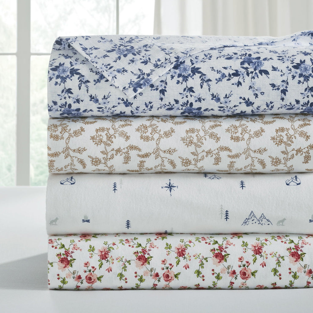Breathable Luxury 3-Piece Brittany Printed Cotton Flannel Adult Bed Sheet Set, Twin - Premium Ultra-Soft Pillowcase Pair for Sleeping Detail