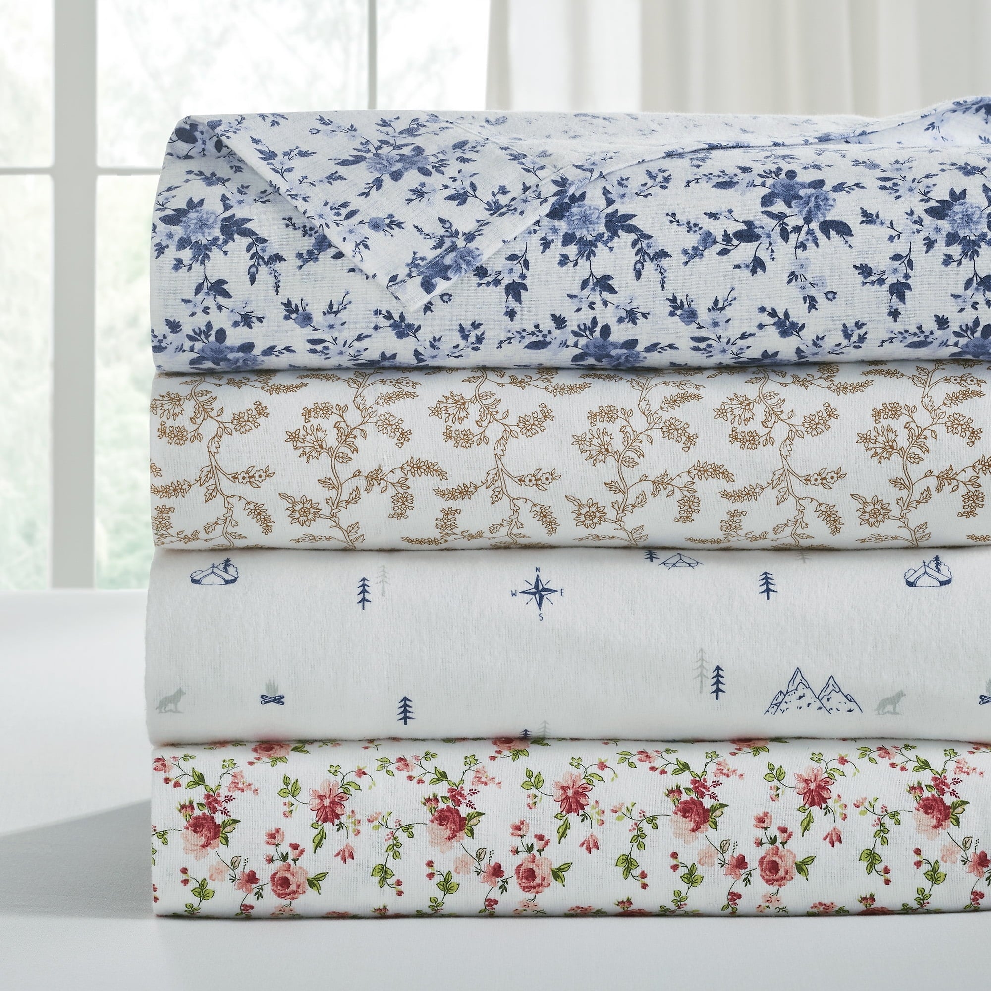 Breathable Luxury 3-Piece Brittany Printed Cotton Flannel Adult Bed Sheet Set, Twin - Premium Ultra-Soft Pillowcase Pair for Sleeping Detail