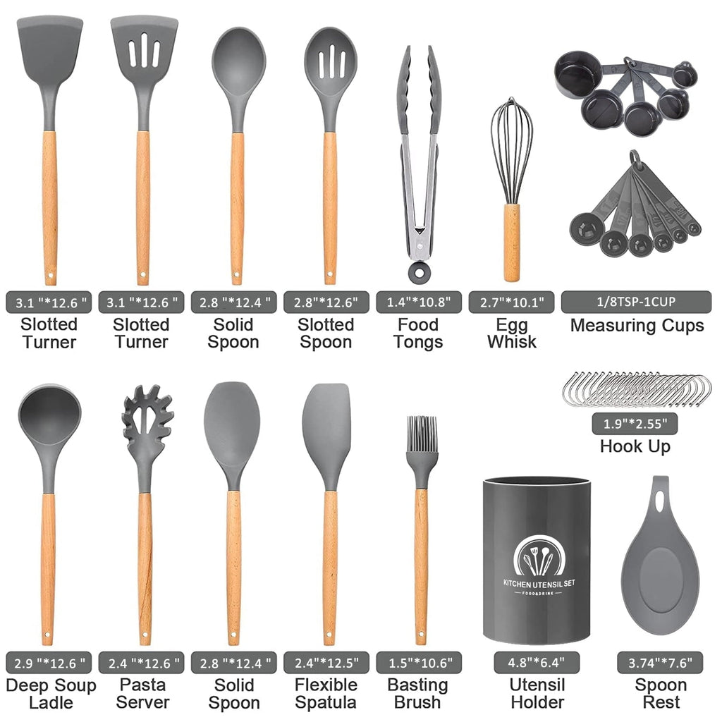 Professional Grade Silicone Cooking Utensils Set, 446°F Heat Resistant Wooden Handle Cooking Kitchen Utensils Spatula Set with Holder fo... - Multi-Purpose Hand Tool for Daily Meal Prep Detail