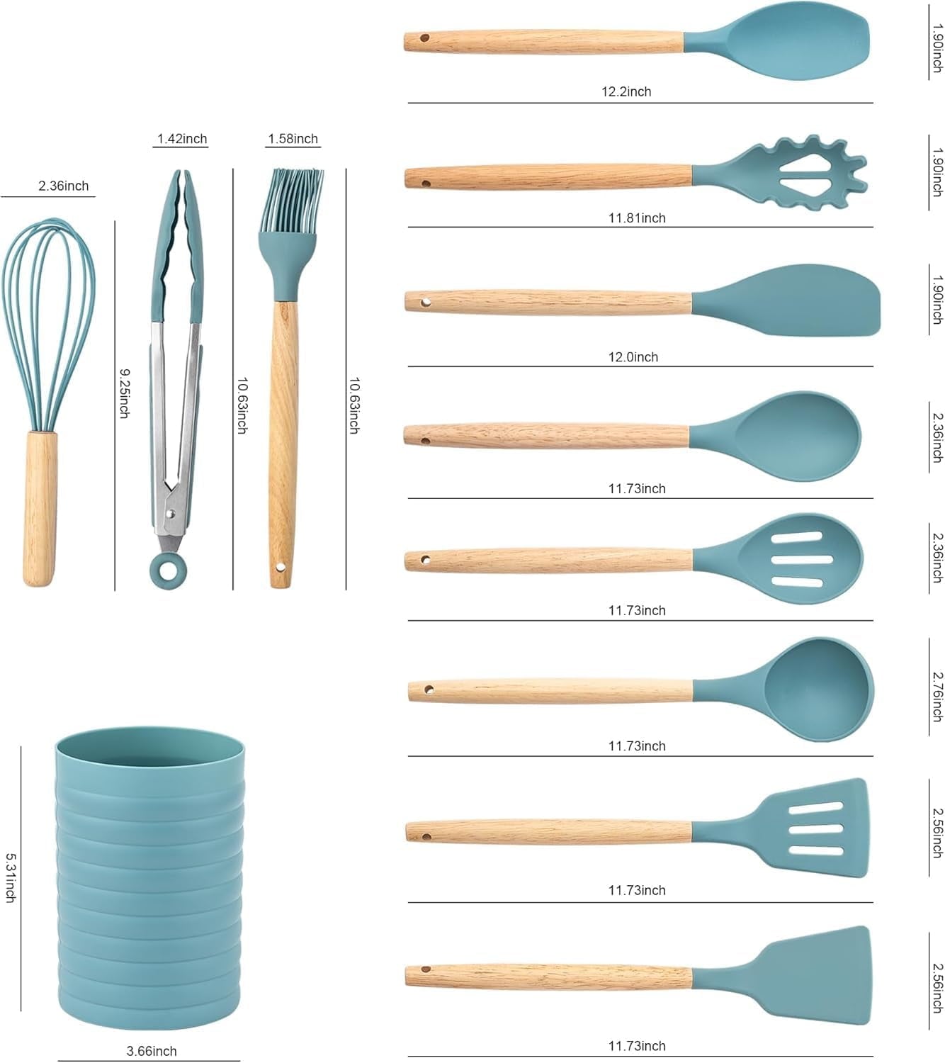 Heat-Resistant Small Silicone Cooking Utensils with Holder Set (12Pack), Aqua Kitchen Tools with Wooden Handle for Nonstick... - Premium Stainless Steel Cooking Utensil for Non-Stick Pots Detail