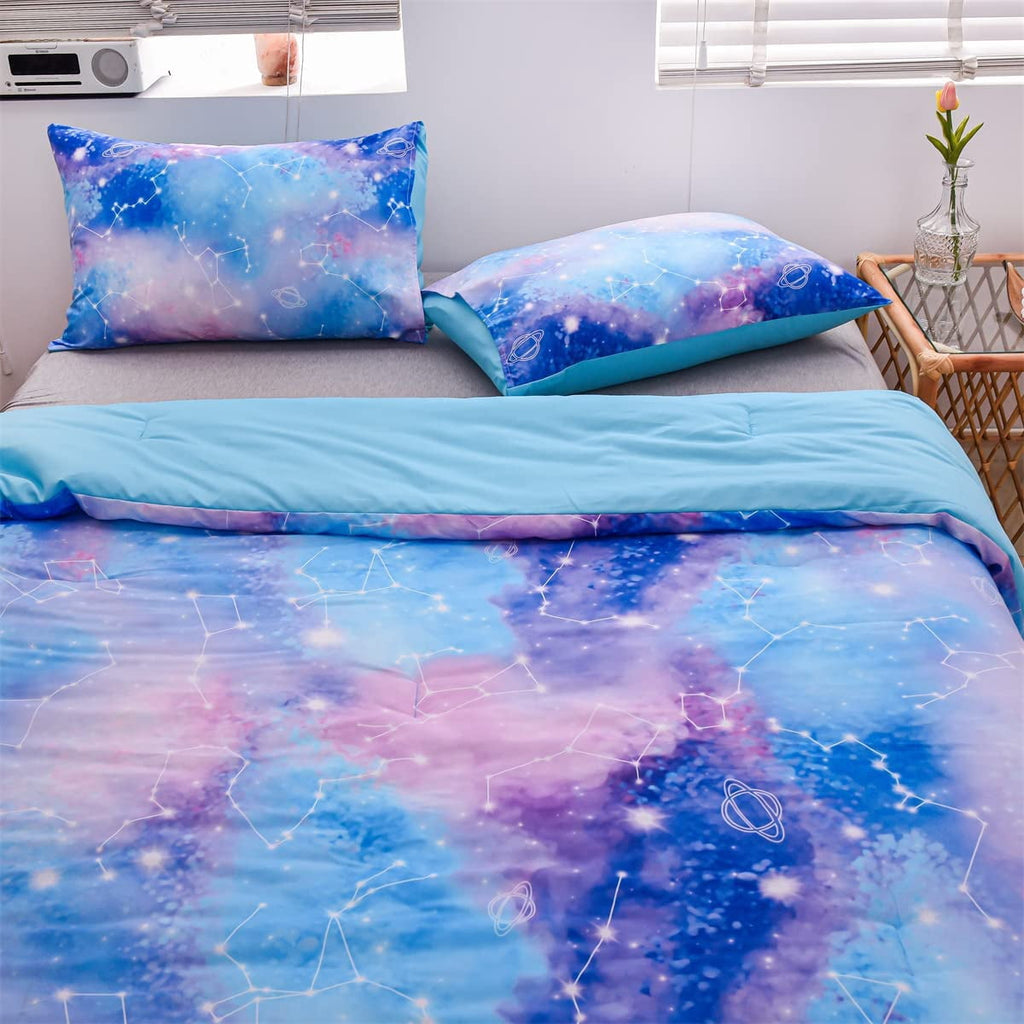 Fluffy Down Alternative Tie Dye Constellation Ombre Comforter Set Twin Gradient Galaxy Bedding Set Blue Purple - Hypoallergenic Ultra-Fluffy Quilt for Winter Detail
