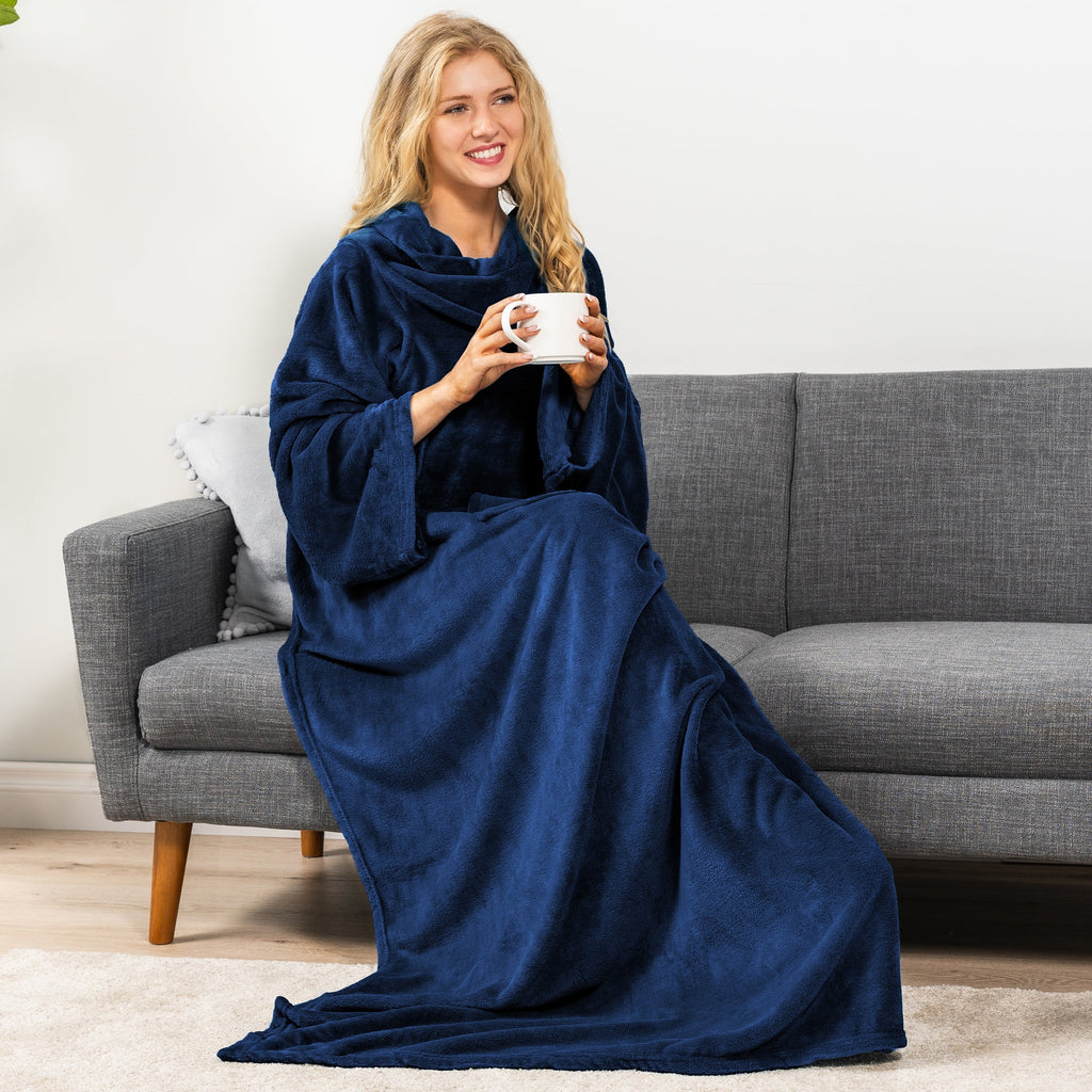 Super Soft Flannel Navy Blue Fleece Wearable Blanket with Sleeves for Adults Women Men, Soft Warm Full Body Wrap Throw, Sweatshirt Pocke... - Super Soft Reversible Sherpa Flannel Blanket Detail