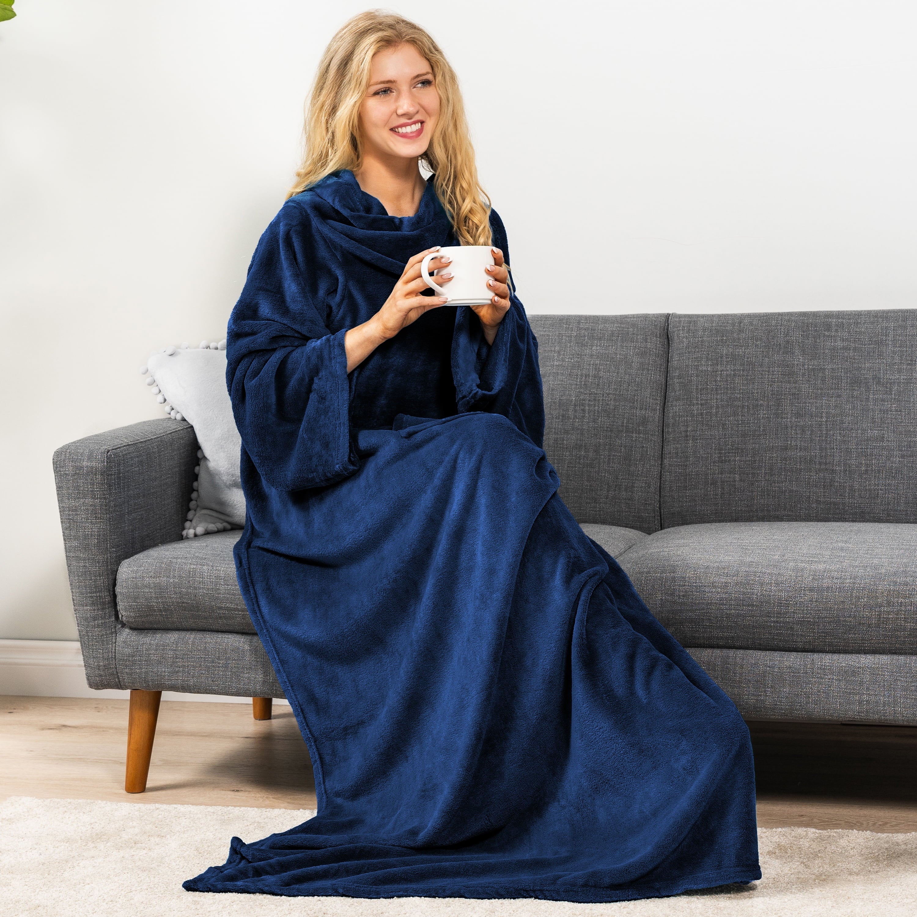 Super Soft Flannel Navy Blue Fleece Wearable Blanket with Sleeves for Adults Women Men, Soft Warm Full Body Wrap Throw, Sweatshirt Pocke... - Super Soft Reversible Sherpa Flannel Blanket Detail