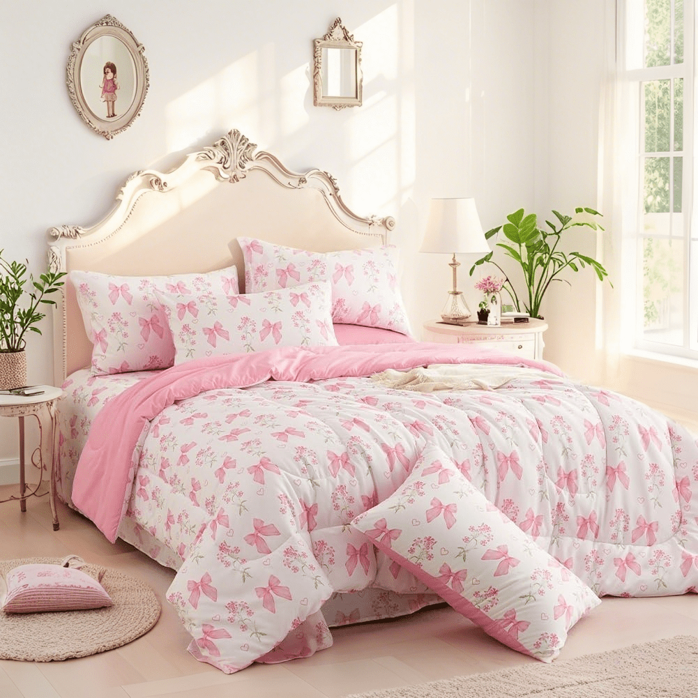 All-Season Pink Bowknot Girls Comforter Set Twin Size, 3 Pieces Bows Princess Style Bedding Set for Girls for All Season - All-Season Down Alternative Comforter Insert Detail
