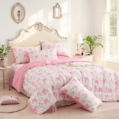 All-Season Pink Bowknot Girls Comforter Set Twin Size, 3 Pieces Bows Princess Style Bedding Set for Girls for All Season - All-Season Down Alternative Comforter Insert Detail