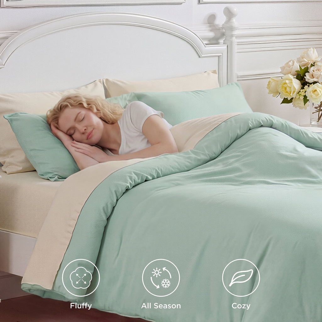 Luxurious Quilted Queen Comforter Set Sage Green, 7 Pieces Lightweight Queen Bedding Sets, Contrasting Design - All-Season Down Alternative Comforter Insert Detail