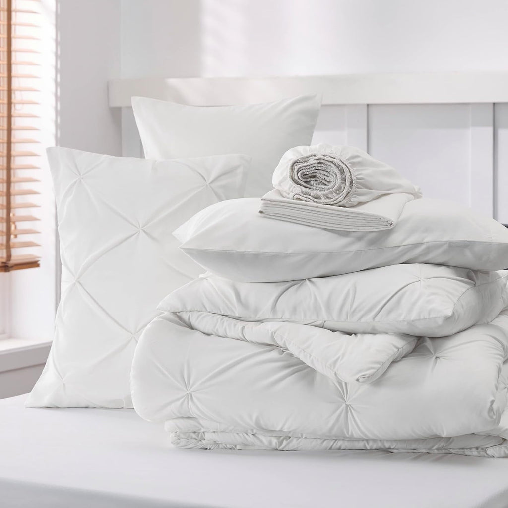 Luxurious Quilted White Queen Comforter Set- 7 Pieces Pintuck Bedding Set with Comforters, Sheets, Pillowcases & Shams - Cloud-Like Soft Lightweight Bed Comforter Detail