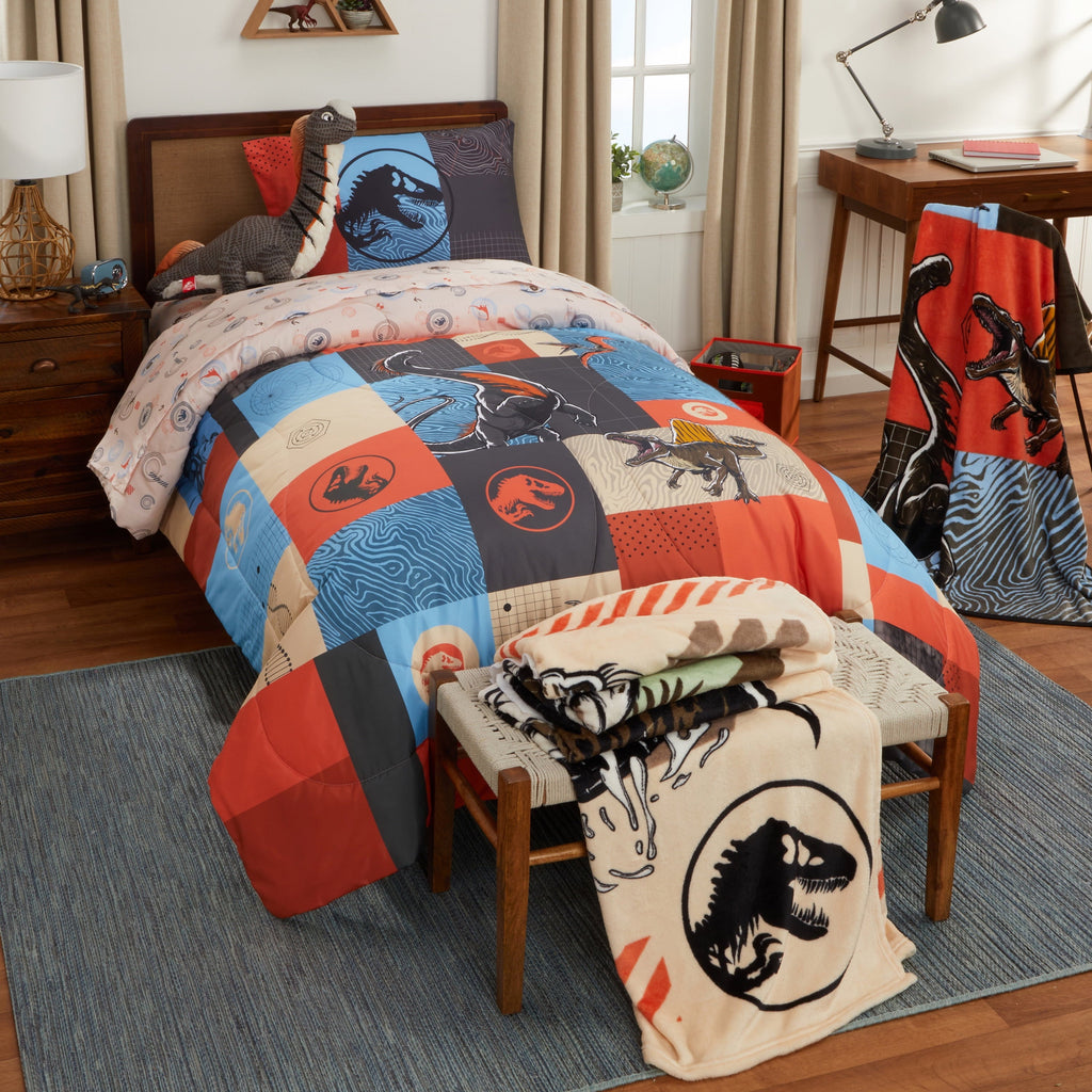 Fluffy Down Alternative Kids 2 Piece Blue Orange Reversible Dinosaur Comforter and Pillowcase set, Twin/full - Cloud-Like Soft Lightweight Bed Comforter Detail