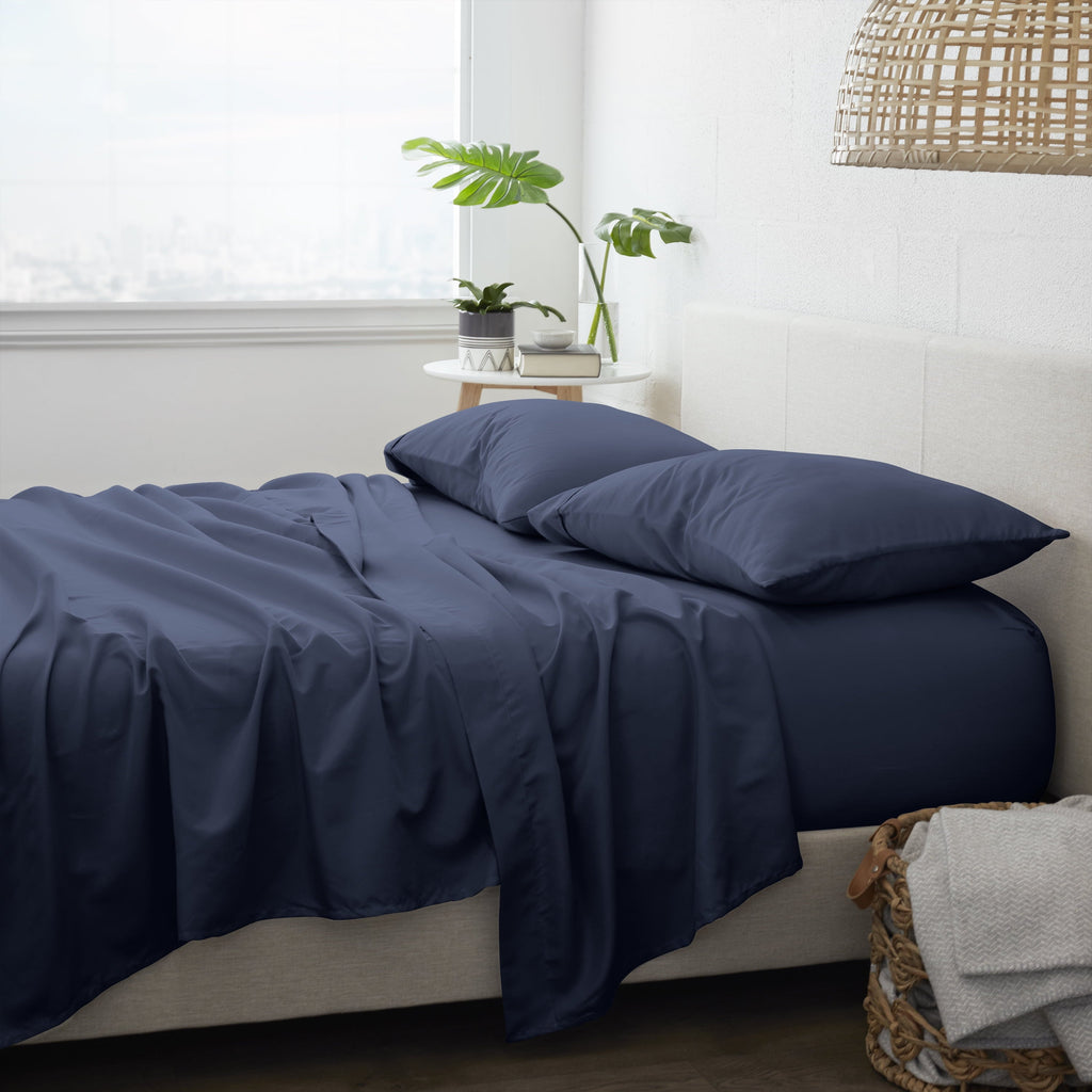Cooling Sateen 4 Piece Solid Microfiber Bed Sheet Set, Navy, Queen - Luxury Bed Sheet Set with Deep Pockets Detail