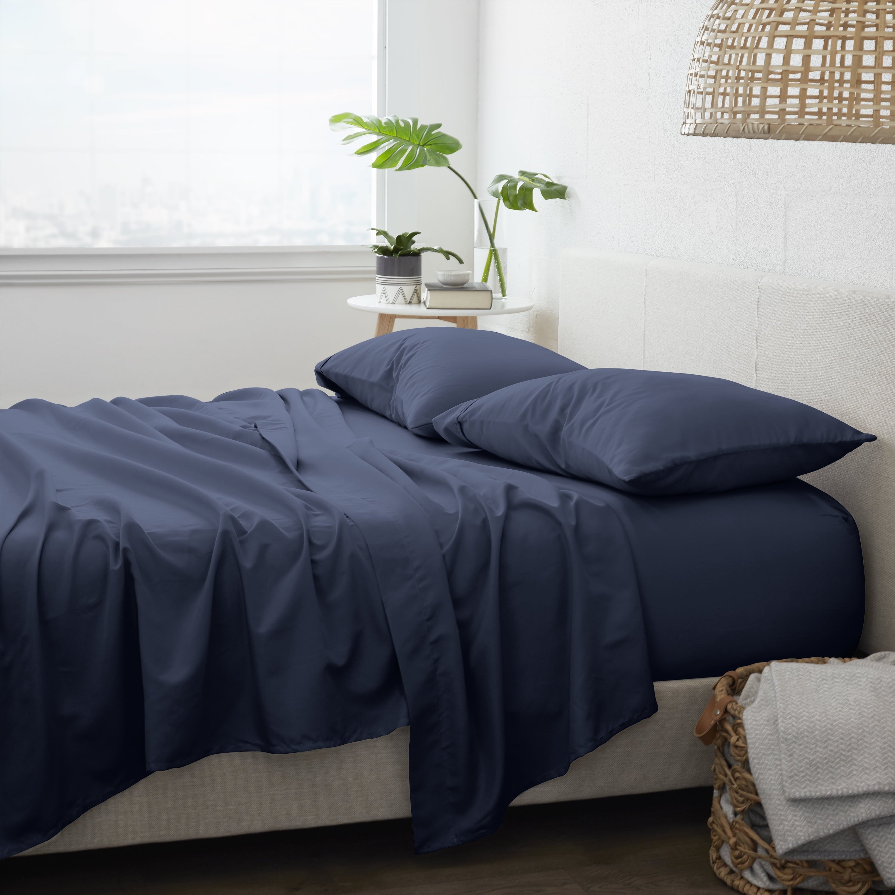 Cooling Sateen 4 Piece Solid Microfiber Bed Sheet Set, Navy, Queen - Luxury Bed Sheet Set with Deep Pockets Detail