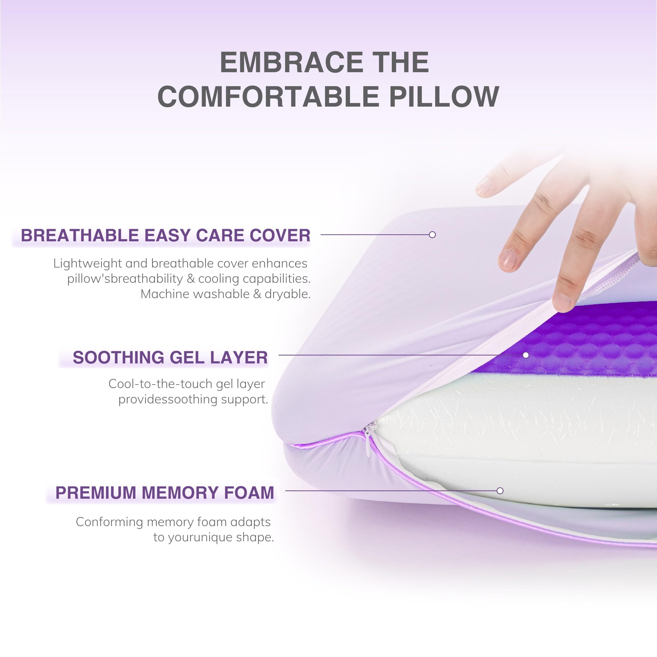 Orthopedic Support Memory Foam Pillow, Cooling Gel Bed Pillow, Queen, Purple - Hotel Quality Plush Sleeping Pillows Detail