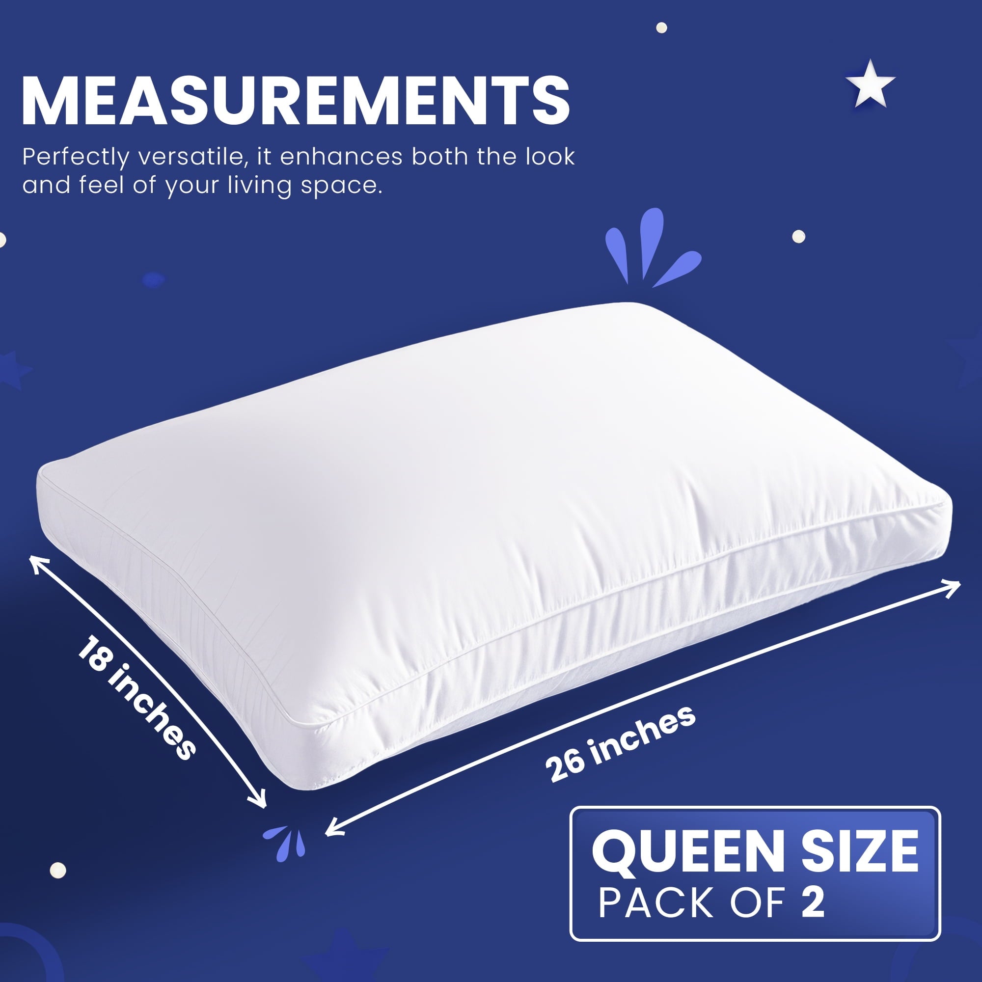 Fluffy Shredded Queen Bed Pillow, 26"L x 18" W, Set of 2, Soft and High-Quality, Gusseted Pillow for All Sleep Positions (White) - Decorative Throw Pillow Cushion for Sofa & Bed Detail