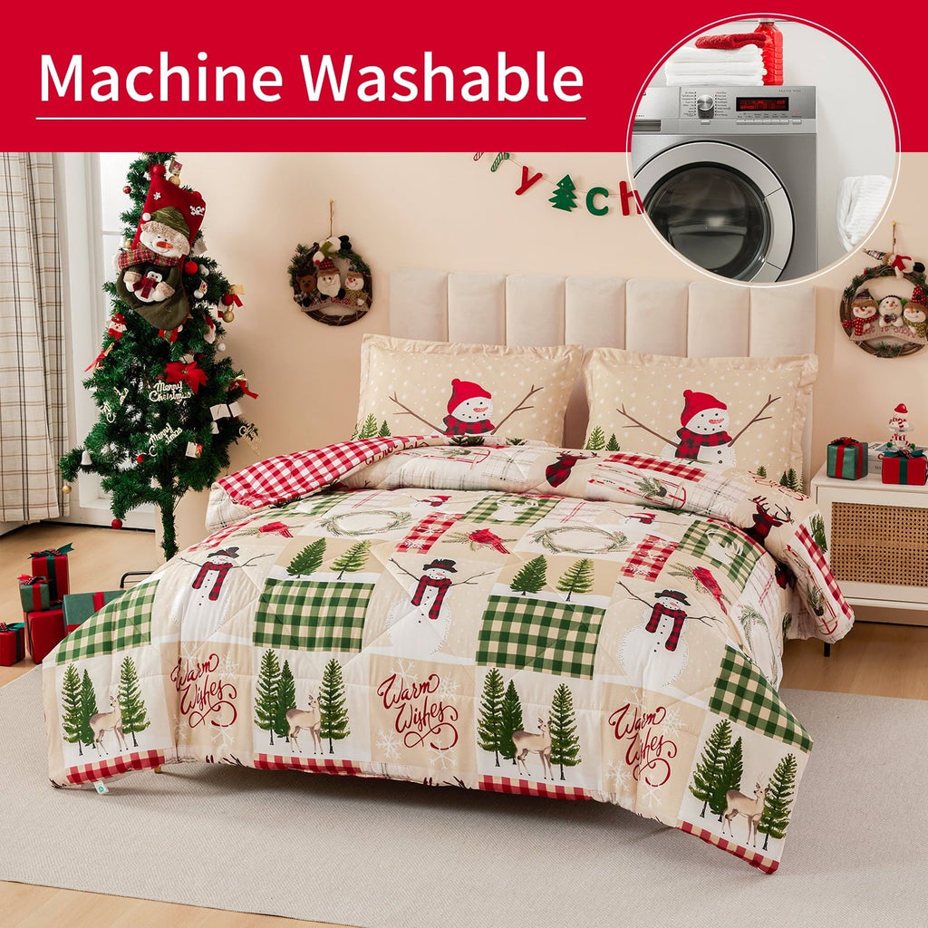 Heavyweight Warmth 3 Pcs Christmas Comforter Set, Bed in a Bag Wreath Snowman Queen/Full Size Xmas Bedding Set Fitted Pillowcases for Adult - Luxurious Quilted Duvet Cover Set Detail