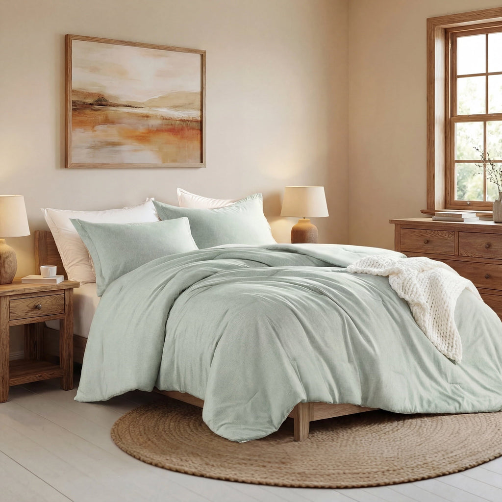 All-Season Full/Queen Comforter Sets, Reversible 3 Piece Extra Soft Bedding Set, Chambray Print Sage Green Comforter Bed Set wit... - Hypoallergenic Ultra-Fluffy Quilt for Winter Detail