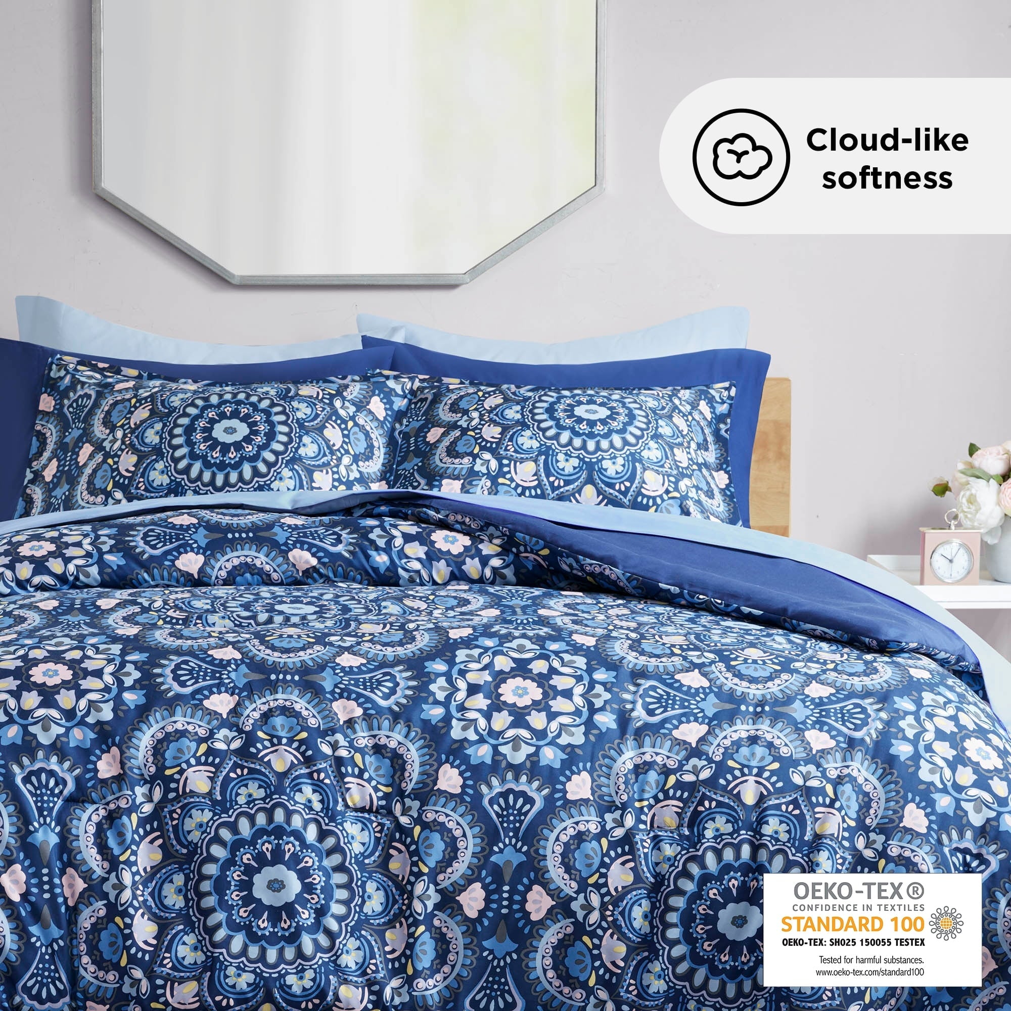 All-Season Queen Size Comforter Set, 9-Piece Bed in a Bag Queen, Navy Blue Bedding Comforter Set with Comforter, Flat Sheets, Fi... - Cloud-Like Soft Lightweight Bed Comforter Detail