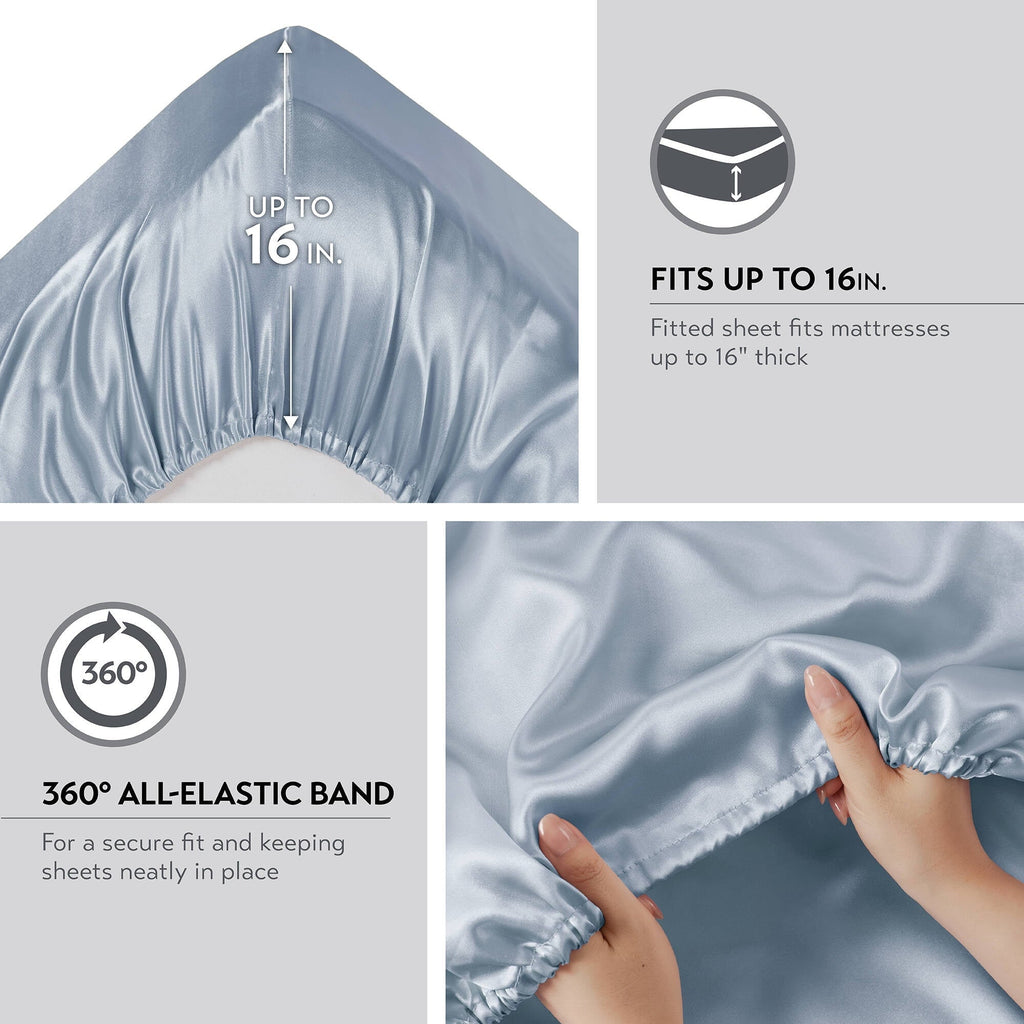 Cooling Sateen Satin Sheet Set, Twin Bed Sheets with Pillowcases, 4-Piece Luxury Silky Sheet Set, Blue, Gifts for Women - Premium Ultra-Soft Pillowcase Pair for Sleeping Detail