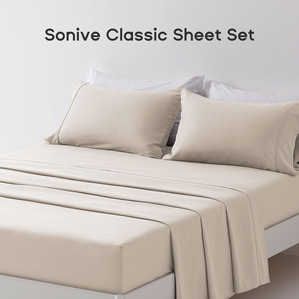 Breathable Luxury Bed Sheet Sets,Ultra Soft Breathable Luxury 4 Piece, (Beige, Queen) - Breathable Egyptian Cotton Flat & Fitted Sheets Detail