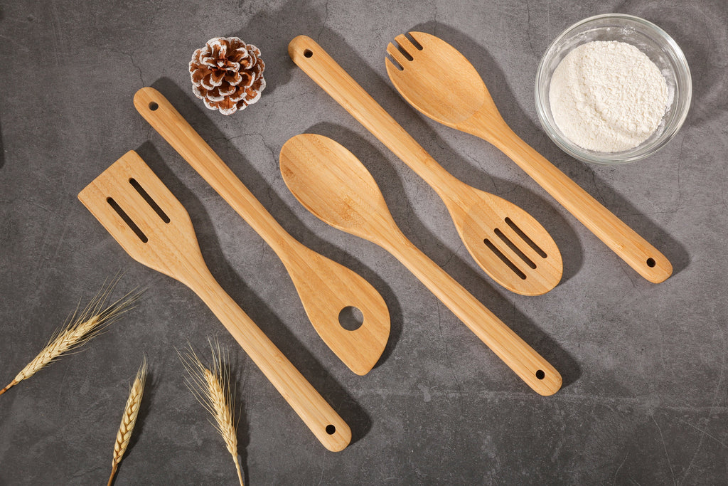 Seamless One-Piece 5pk Bamboo Spoons for Cooking, Kitchen Essential Tools Set - Ergonomic Kitchen Tongs and Cooking Spoon Utensil Detail