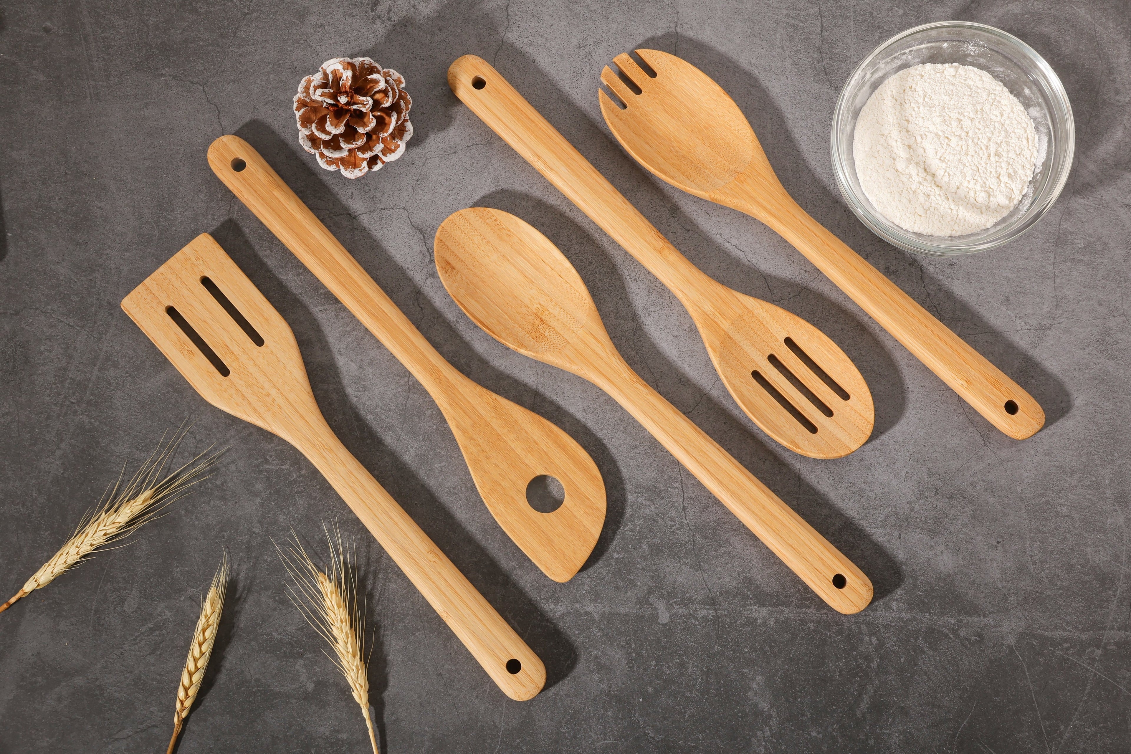 Seamless One-Piece 5pk Bamboo Spoons for Cooking, Kitchen Essential Tools Set - Ergonomic Kitchen Tongs and Cooking Spoon Utensil Detail