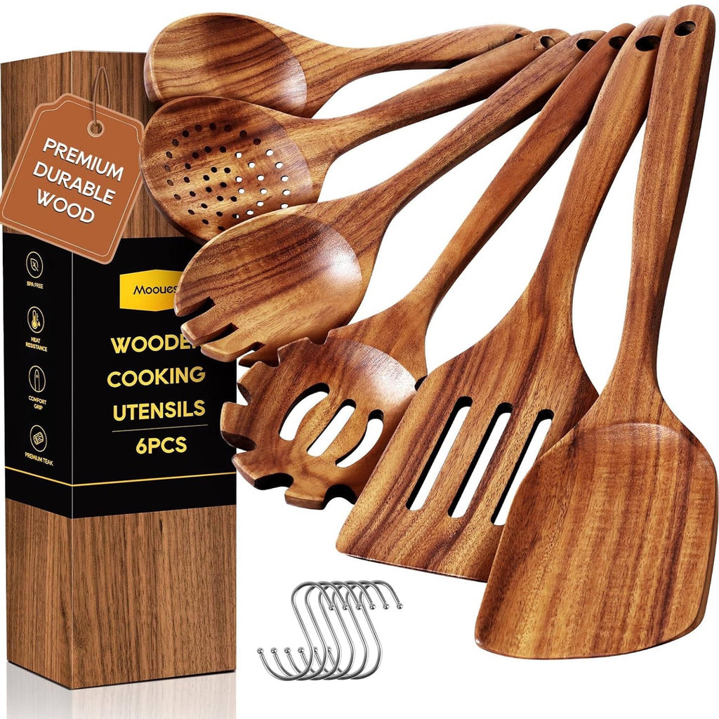 Non-Stick Safe 6-Piece Natural Teak Wooden Spoons for Cooking With 10 Hooks，Handcrafted Kitchen Utensils Set ，Ideal Gift Set - Ergonomic Kitchen Tongs and Cooking Spoon Utensil - Default Title