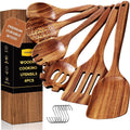 Non-Stick Safe 6-Piece Natural Teak Wooden Spoons for Cooking With 10 Hooks，Handcrafted Kitchen Utensils Set ，Ideal Gift Set - Ergonomic Kitchen Tongs and Cooking Spoon Utensil - Default Title
