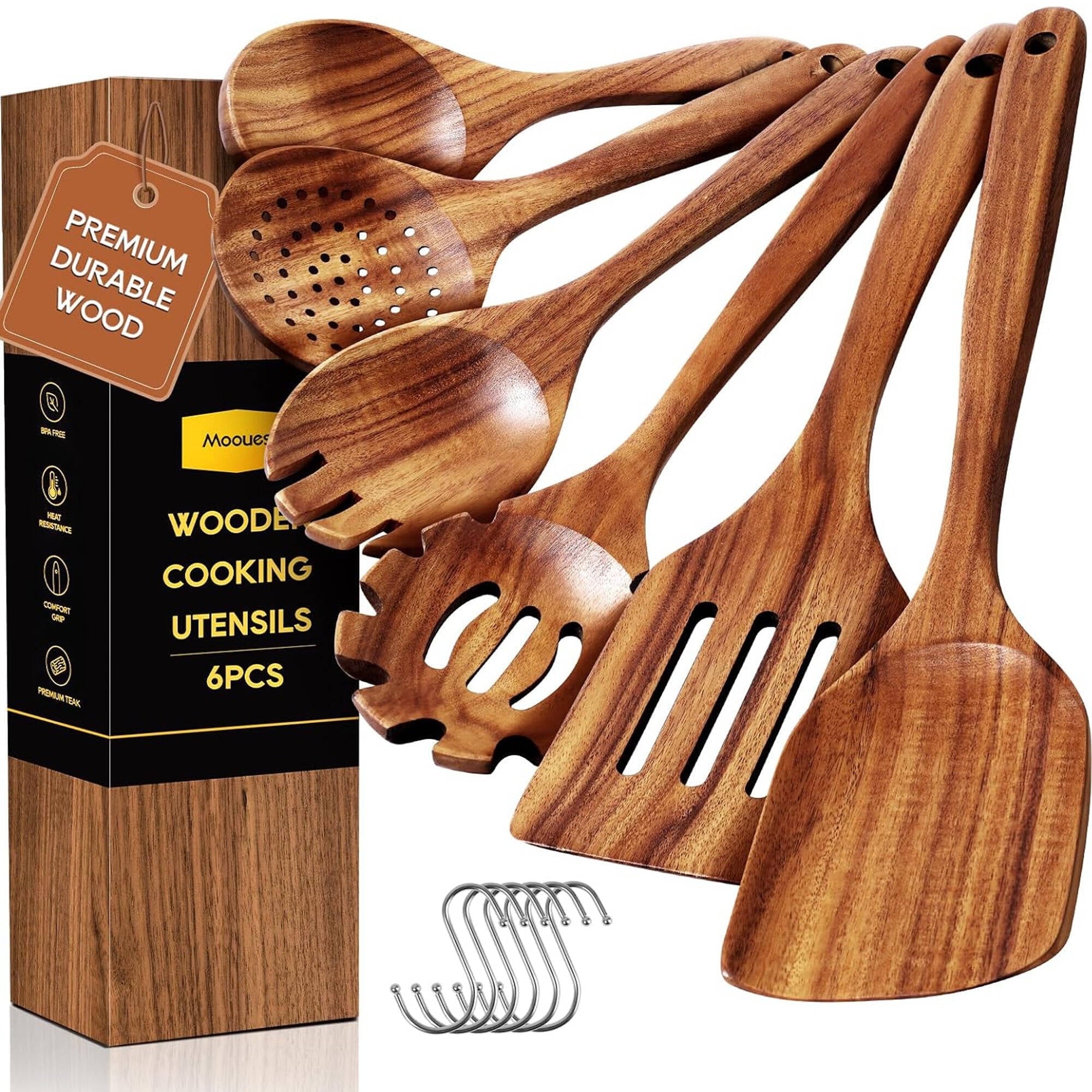 Non-Stick Safe 6-Piece Natural Teak Wooden Spoons for Cooking With 10 Hooks，Handcrafted Kitchen Utensils Set ，Ideal Gift Set - Ergonomic Kitchen Tongs and Cooking Spoon Utensil - Default Title